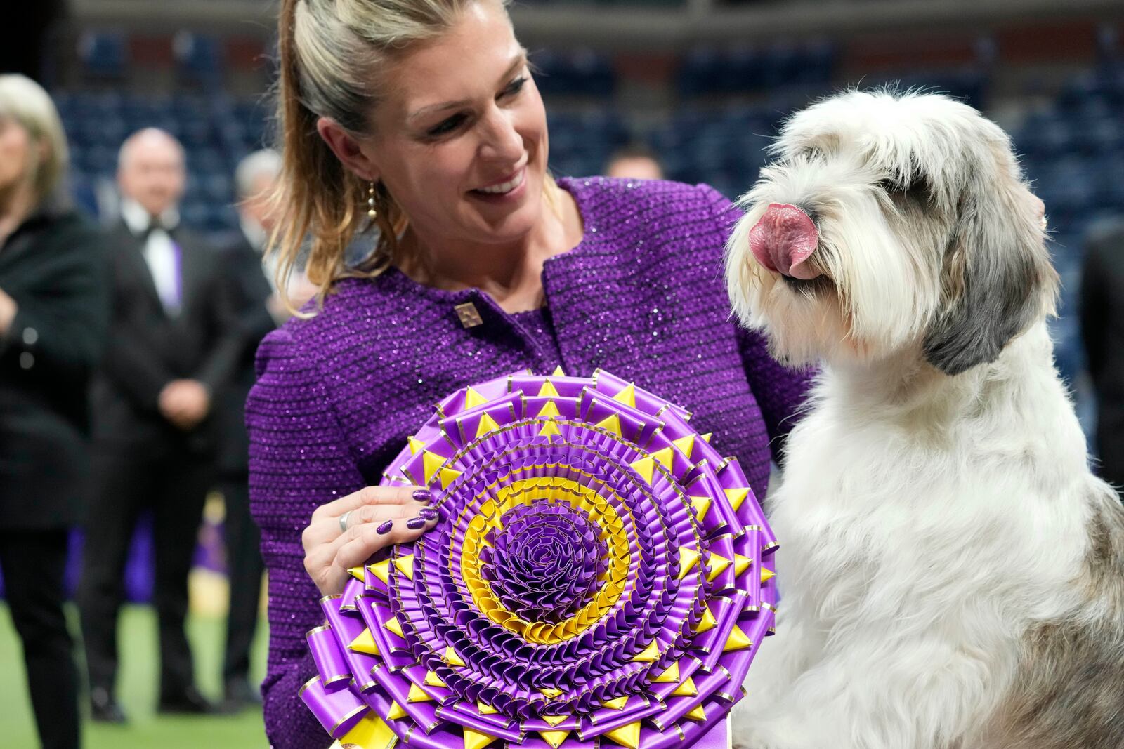 FILE — Handler Janice Hays poses for photos with Buddy Holly, a petit basset griffon Vendéen, after he won best in show during the 147th Westminster Kennel Club Dog show, May 9, 2023, at the USTA Billie Jean King National Tennis Center, in New York. (AP Photo/Mary Altaffer, File)