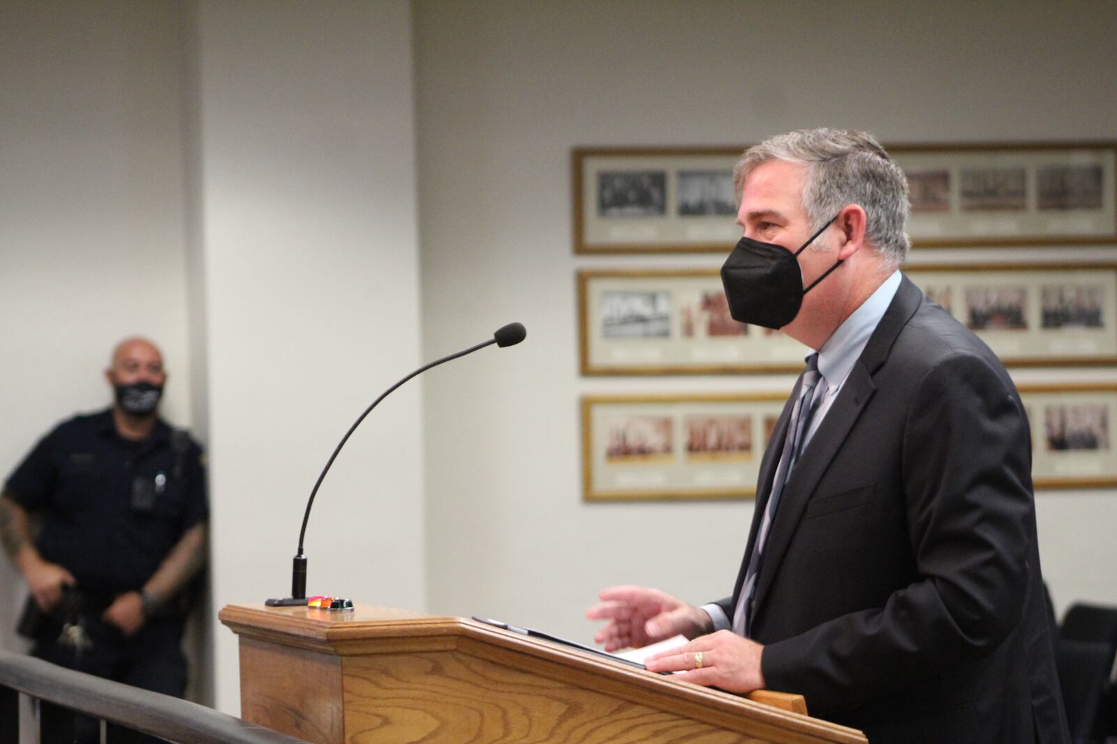 Todd Kinskey, Dayton’s director of planning, neighborhoods and development, talks about the new surplus property pilot program at a city commission meeting. CORNELIUS FROLIK / STAFF