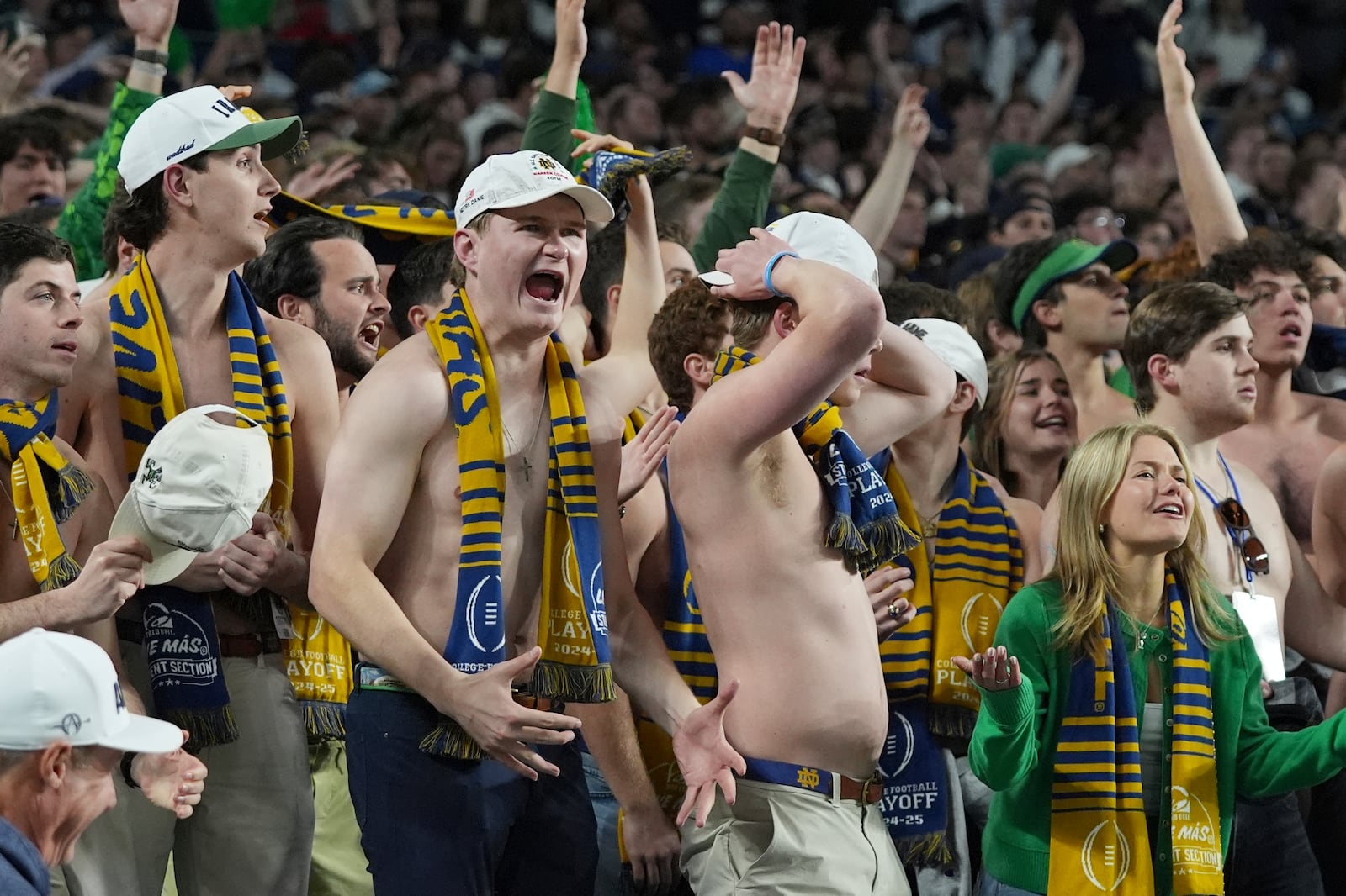 Notre Dame fans reacts to a call during the second half of the Orange Bowl College Football Playoff semifinal game against Penn State, Thursday, Jan. 9, 2025, in Miami Gardens, Fla. (AP Photo/Lynne Sladky)