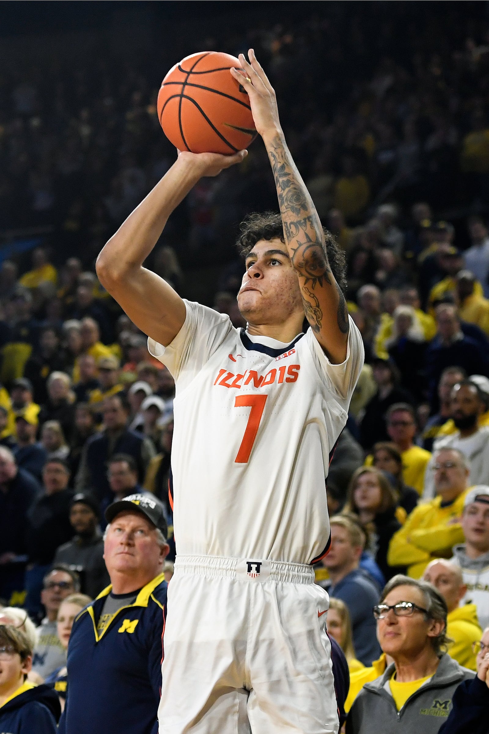 Illinois forward Will Riley looks to shoot during the first half of an NCAA college basketball game against Michigan, Sunday, March 2, 2025, in Ann Arbor, Mich. (AP Photo/Jose Juarez)