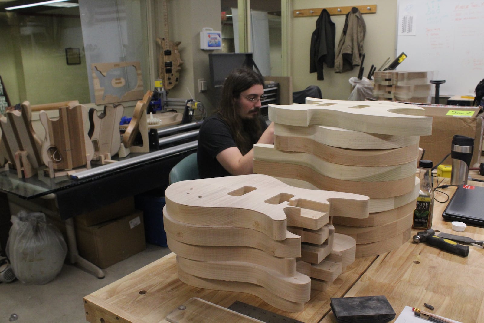 Sinclair Community College's STEM Guitar Project started in 2008. Production team member Ethan T. Kern is pictured.