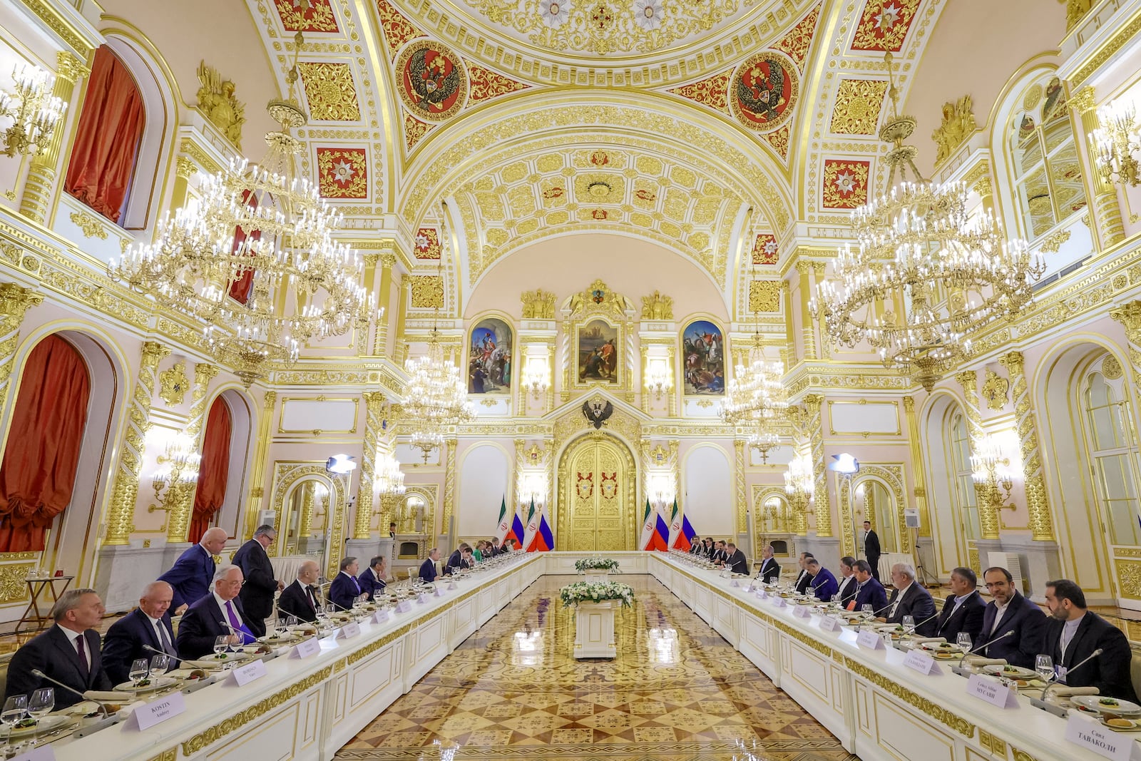 A view of the Russia and Iran talks in an expanded format at the Kremlin in Moscow, Russia, Friday, Jan. 17, 2025. (Vyacheslav Prokofyev, Sputnik, Kremlin Pool Photo via AP)