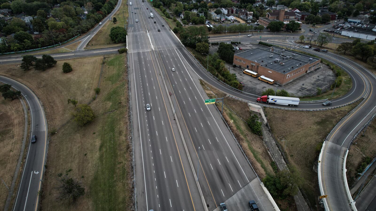 This is an aerial of US 35 and Keowee Street. The city of Dayton wants to study ways to make the highway's on- and off-ramps work better for motorists and the community. JIM NOELKER/STAFF