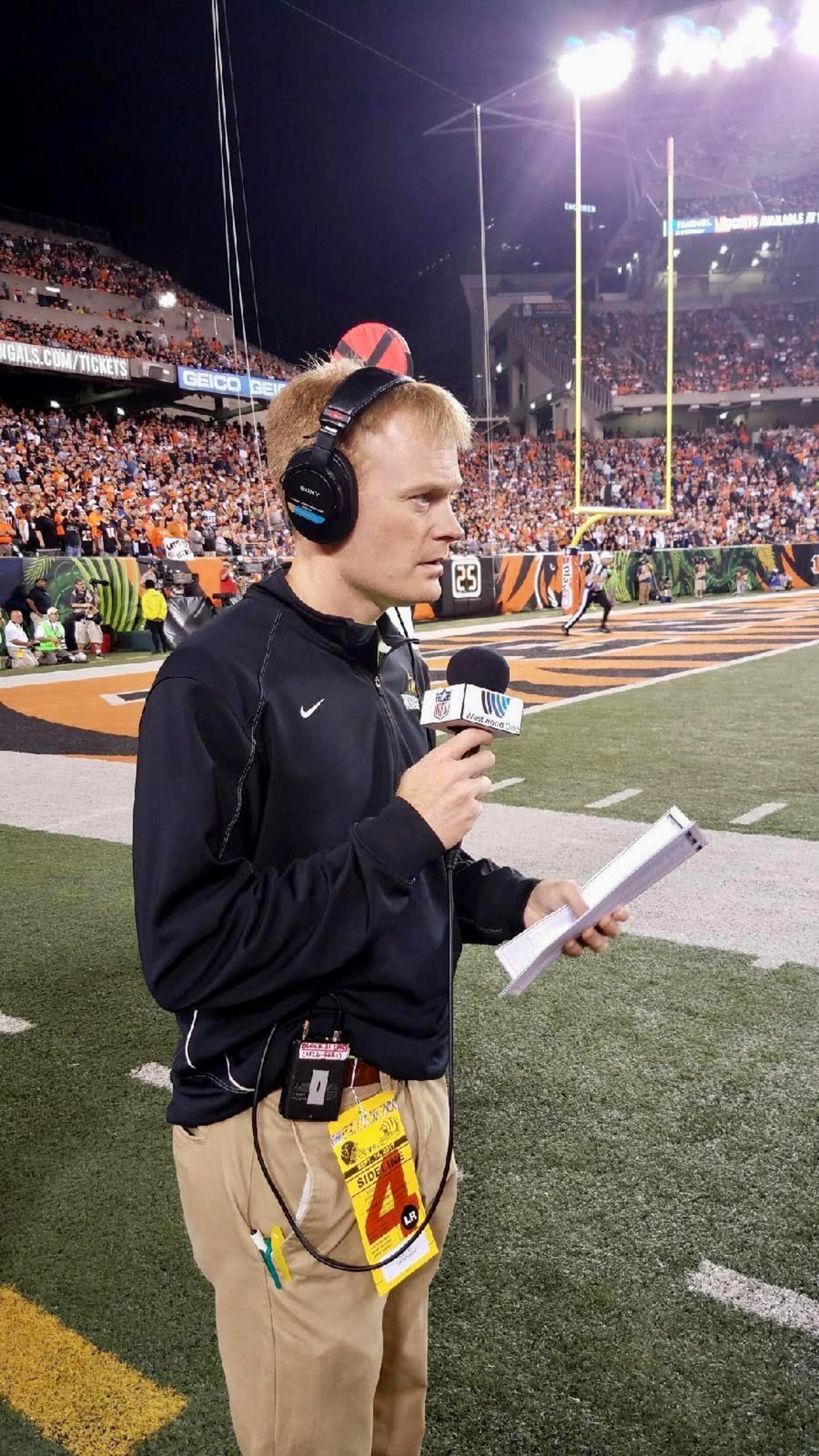 Scott Leo working for Westwood One at a Bengals game.