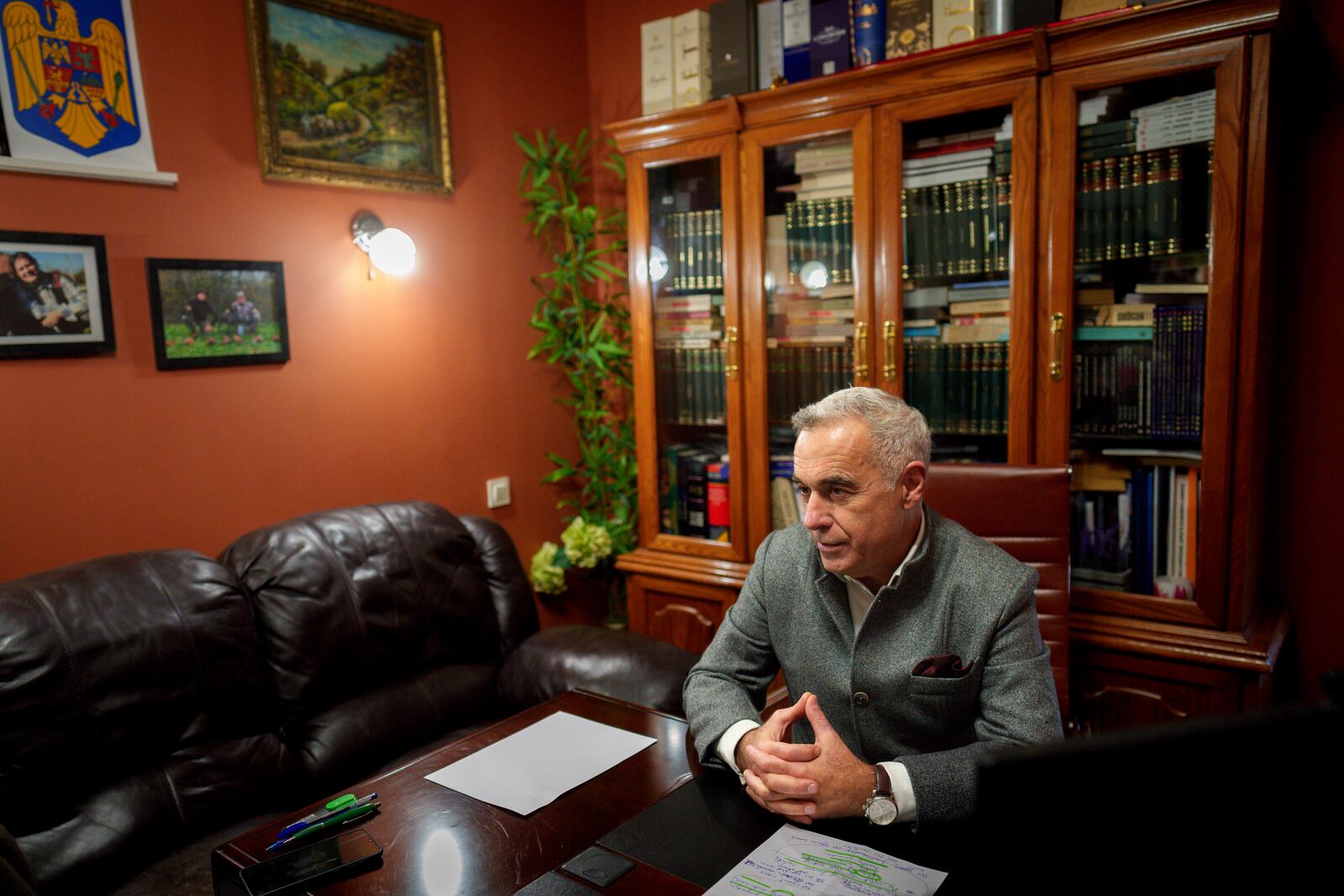 Calin Georgescu, the independent candidate for presidency who won the first round of presidential elections, speaks after an interview with the Associated Press in Izvorani, Romania, Wednesday, Dec. 4, 2024. (AP Photo/Vadim Ghirda)