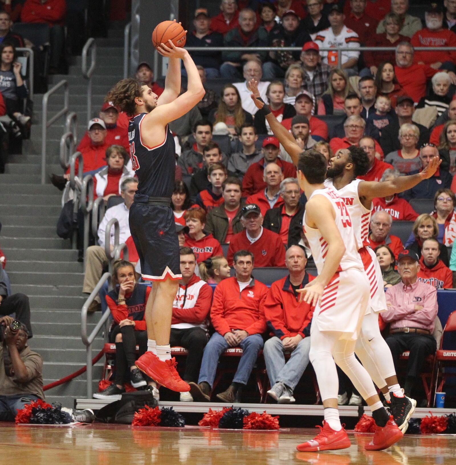 Richmond’s Grant Golden shoots against Dayton on Sunday, Jan. 6, 2019, at UD Arena.