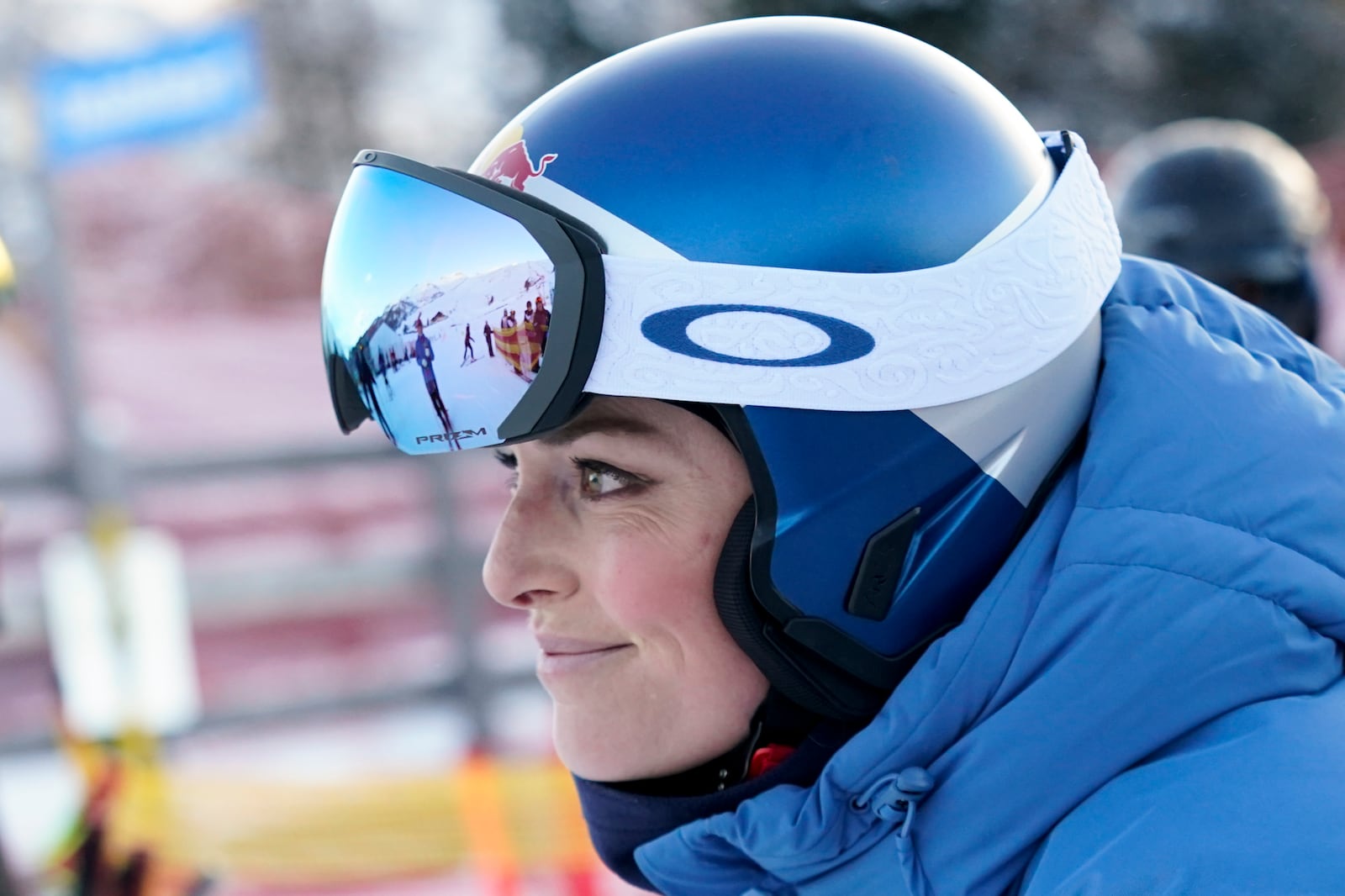 United States' Lindsey Vonn looks on before competing in an alpine ski, women's World Cup super G, in St. Moritz, Switzerland, Saturday, Dec. 21, 2024. (AP Photo/Giovanni Auletta)