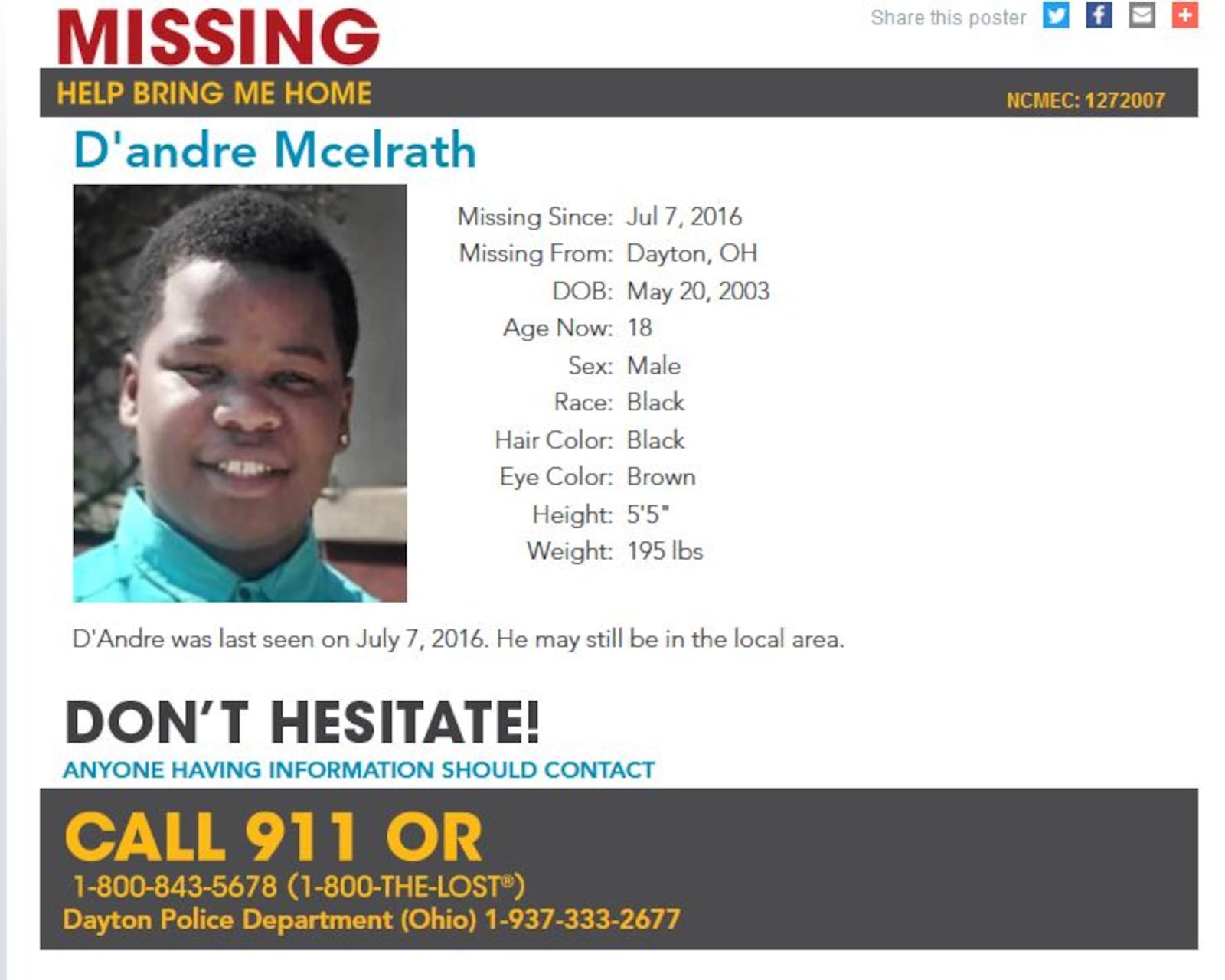 A missing kid poster on the National Center for Missing & Exploited Children website. CONTRIBUTED