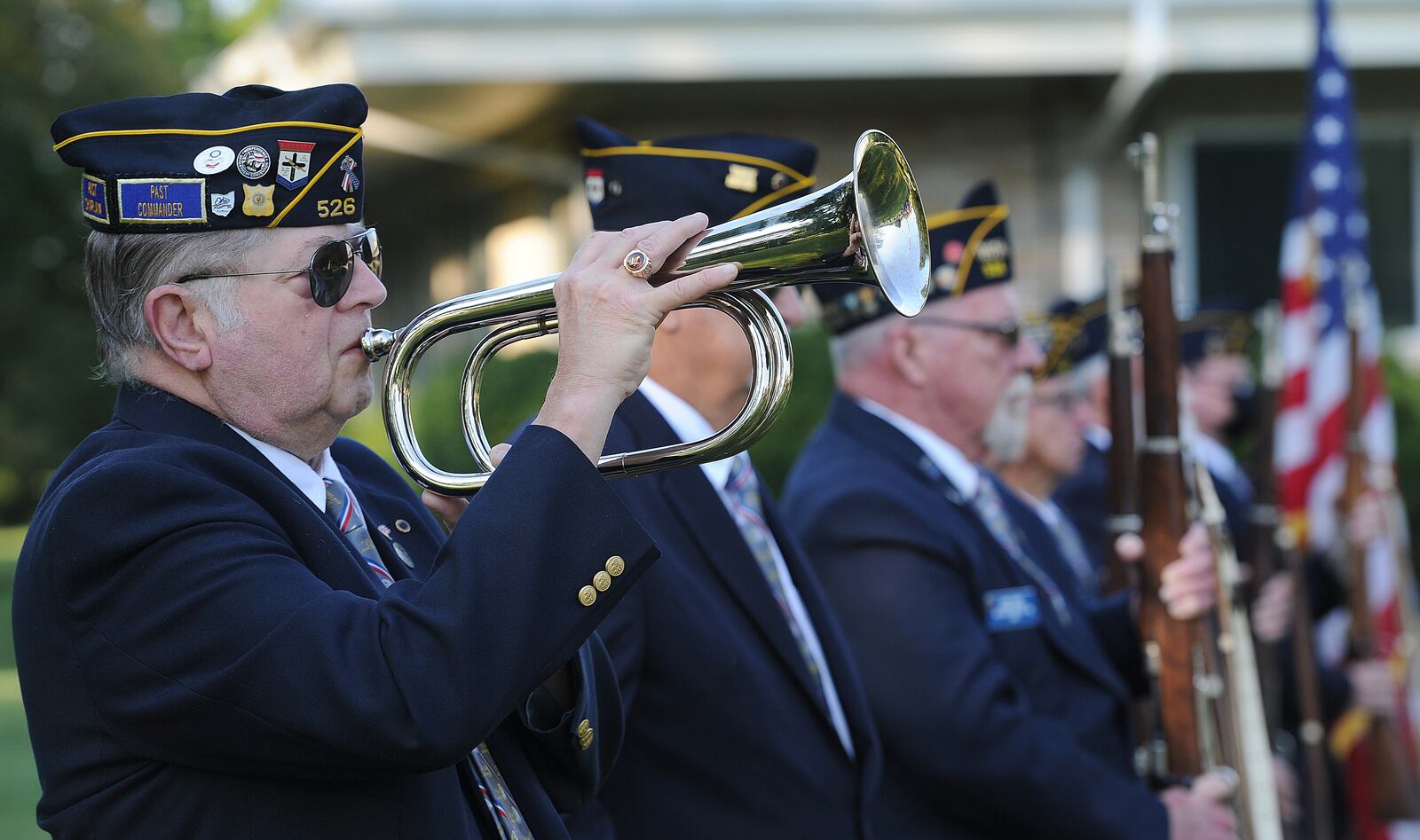 The American Legion Post 526 gave a 21-gun salute and played taps at the 20th annual 9/11 Memorial Ceremony in Fairborn Saturday, Sept. 11, 2021 on the front lawn of Calamityville, the National Center for Medical Readiness. MARSHALL GORBY/STAFF
