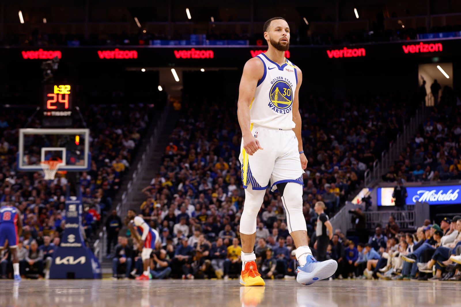 Golden State Warriors guard Stephen Curry (30) looks on in the second quarter of an NBA basketball game against the Detroit Pistons in San Francisco, Saturday, March 8, 2025. (Santiago Mejia/San Francisco Chronicle via AP)