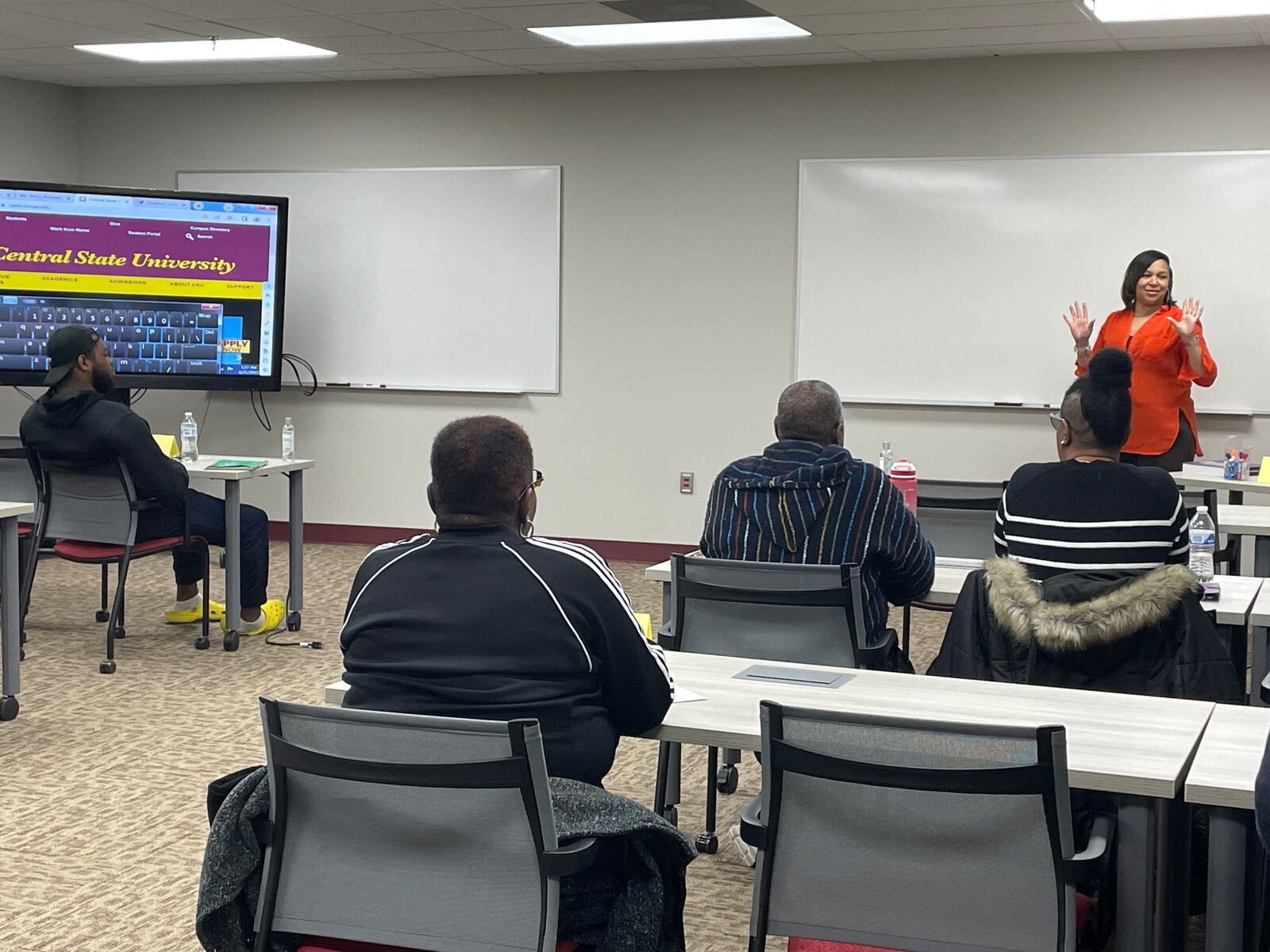 Gena McDonald, certified health worker, is the lead instructor for Central State University's new community health worker certificate program sponsored by a $200,00 grant from CareSource. She speaks to the first cohort of students in the program at Central State's Dayton location on Tuesday, March 21, 2023. SAMANTHA WILDOW\STAFF