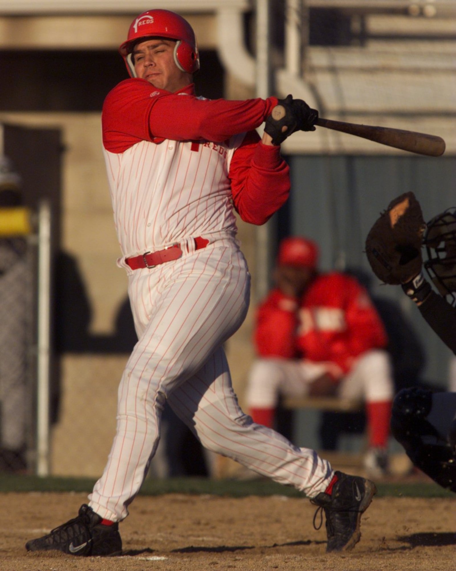  Reds '97 first round draft pick Brandon Larson hits a double in the opening game.