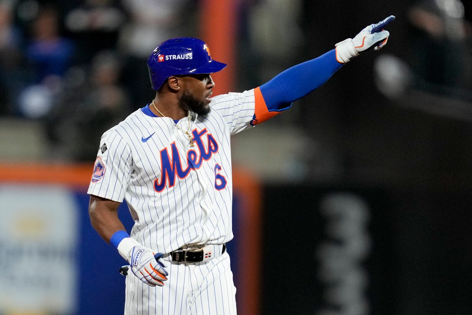 New York Mets' Starling Marte celebrates after a double against the Los Angeles Dodgers during the sixth inning in Game 5 of a baseball NL Championship Series, Friday, Oct. 18, 2024, in New York. (AP Photo/Ashley Landis)