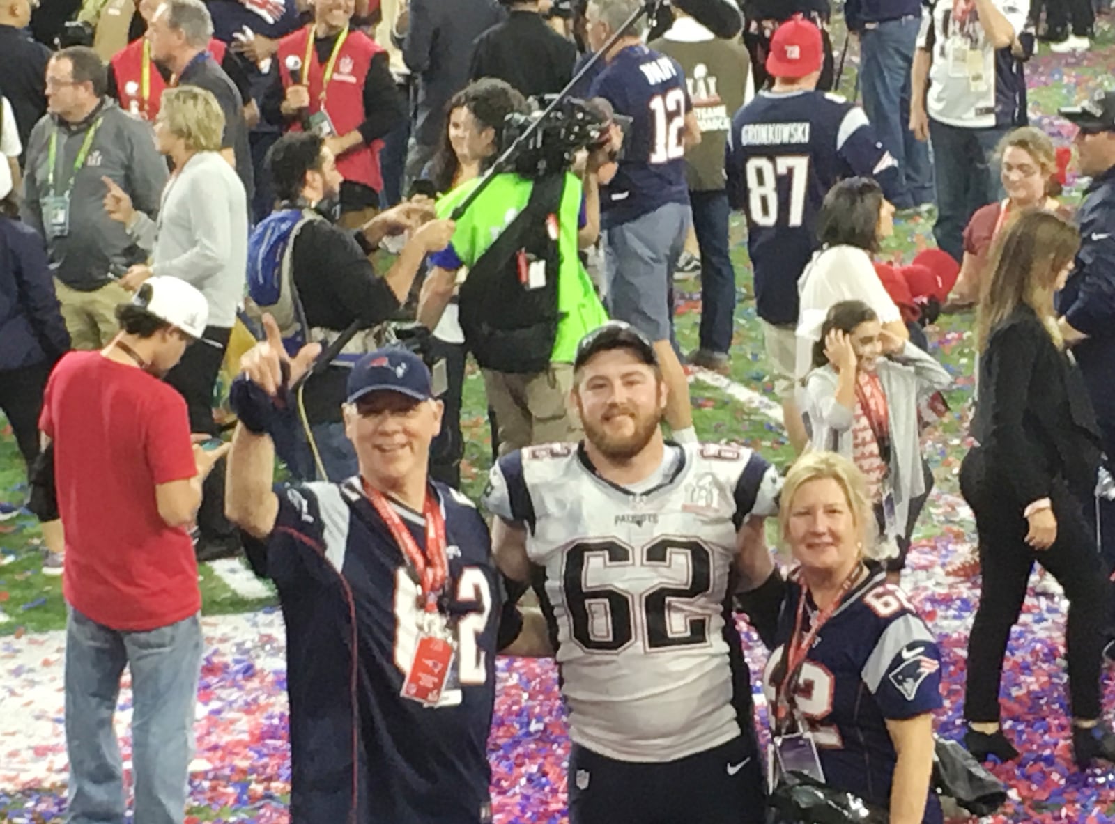 Joe Thuney and his parents Mike and Beth after the Patriots beat the Falcons 34-28 in overtime Sunday to win Super Bowl LI. CONTRIBUTED PHOTO