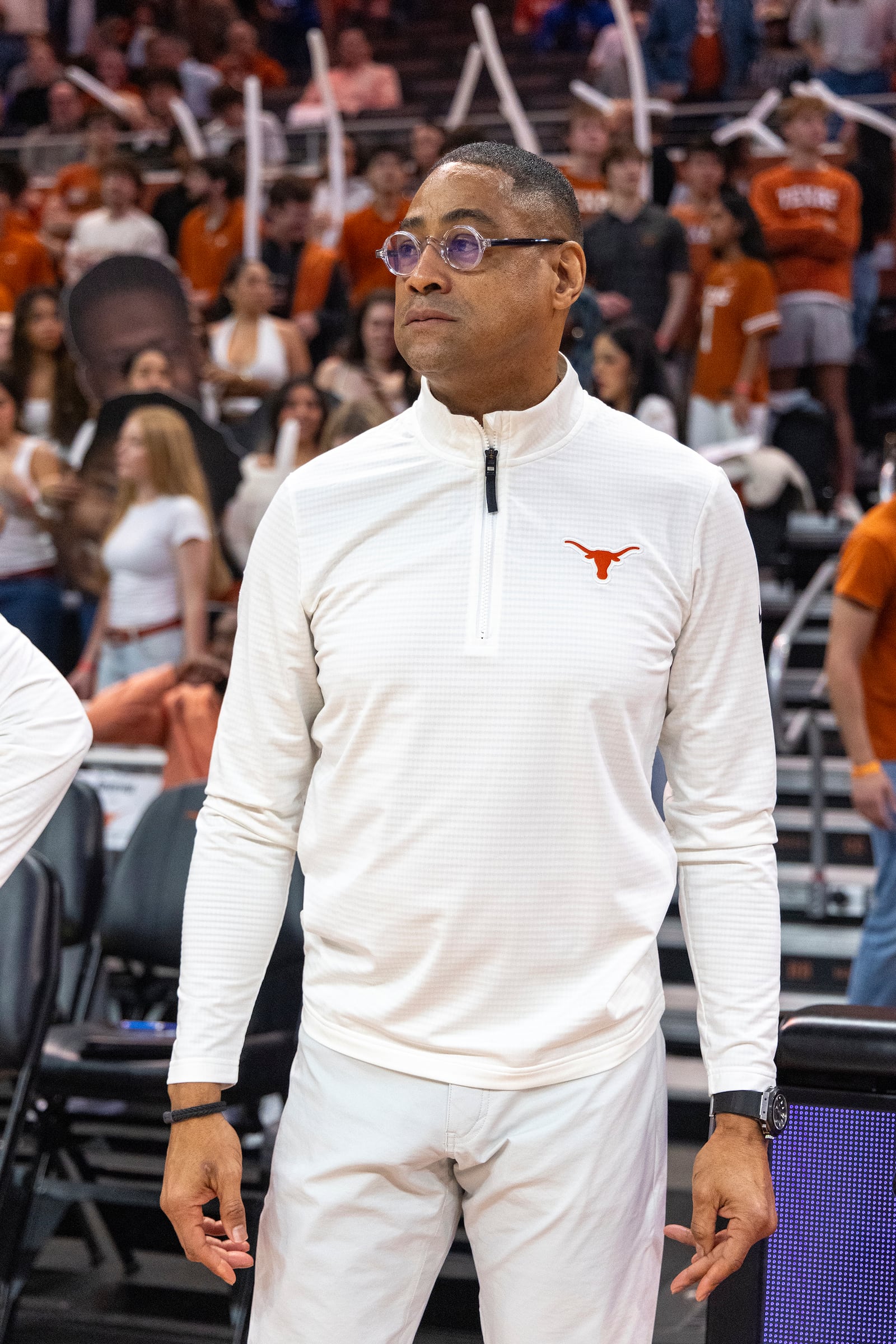 Texas head coach Rodney Terry watches his team warm up against Kentucky before an NCAA college basketball game in Austin, Texas, Saturday, Feb. 15, 2025. (AP Photo/Stephen Spillman)