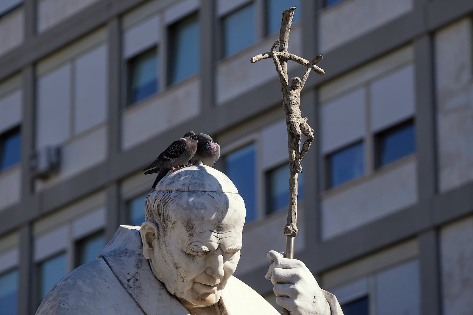 Pigeons sits on the statue of Pope John Paul II set outside the Agostino Gemelli Polyclinic where Pope Francis in Rome, Tuesday, March 4, 2025. (AP Photo/Gregorio Borgia)