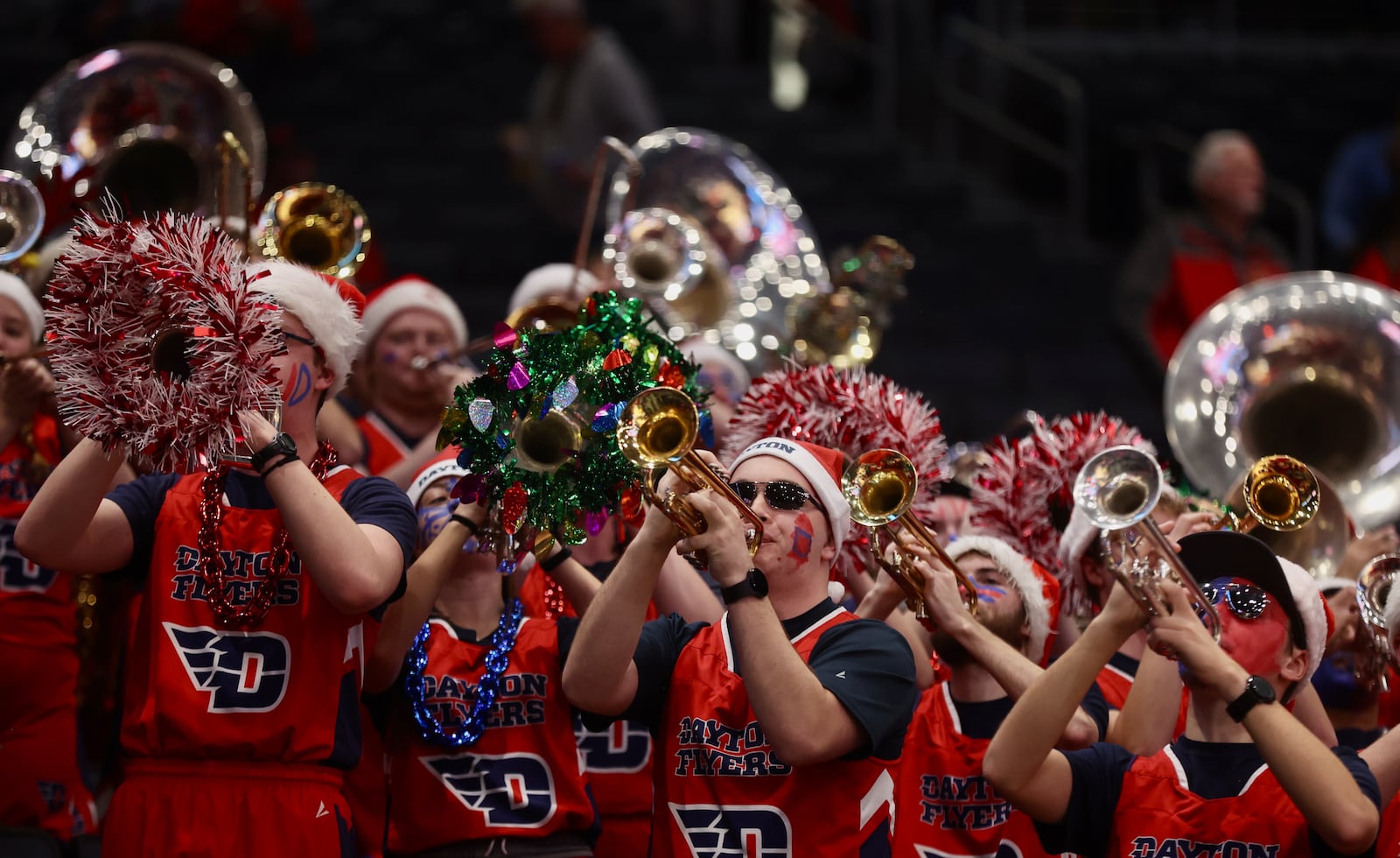 The Flyer Pep Band plays before Dayton's game against Marquette on Saturday, Dec. 14, 2024, at UD Arena. David Jablonski/Staff