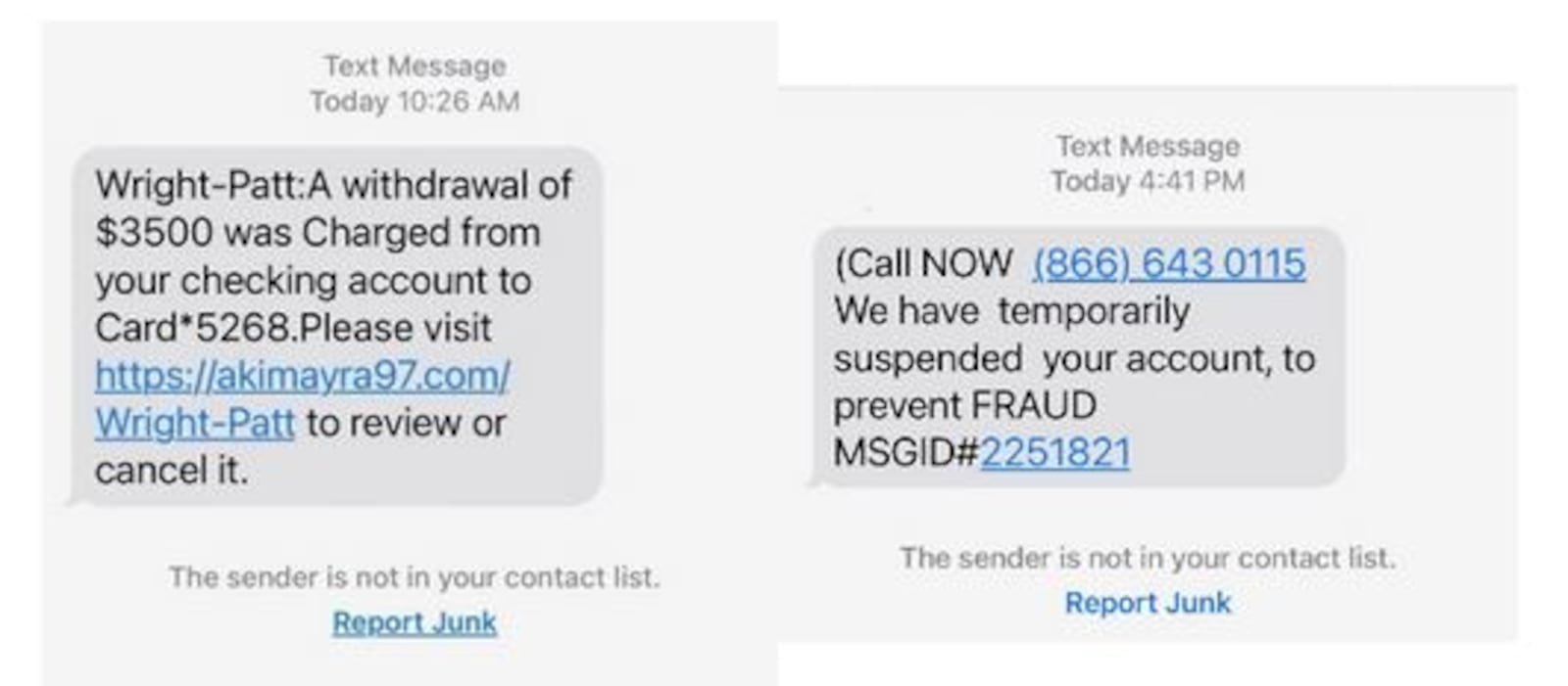 Examples of fraudulent texts sent to Wright-Patt Credit Union members by scammers. CONTRIBUTED