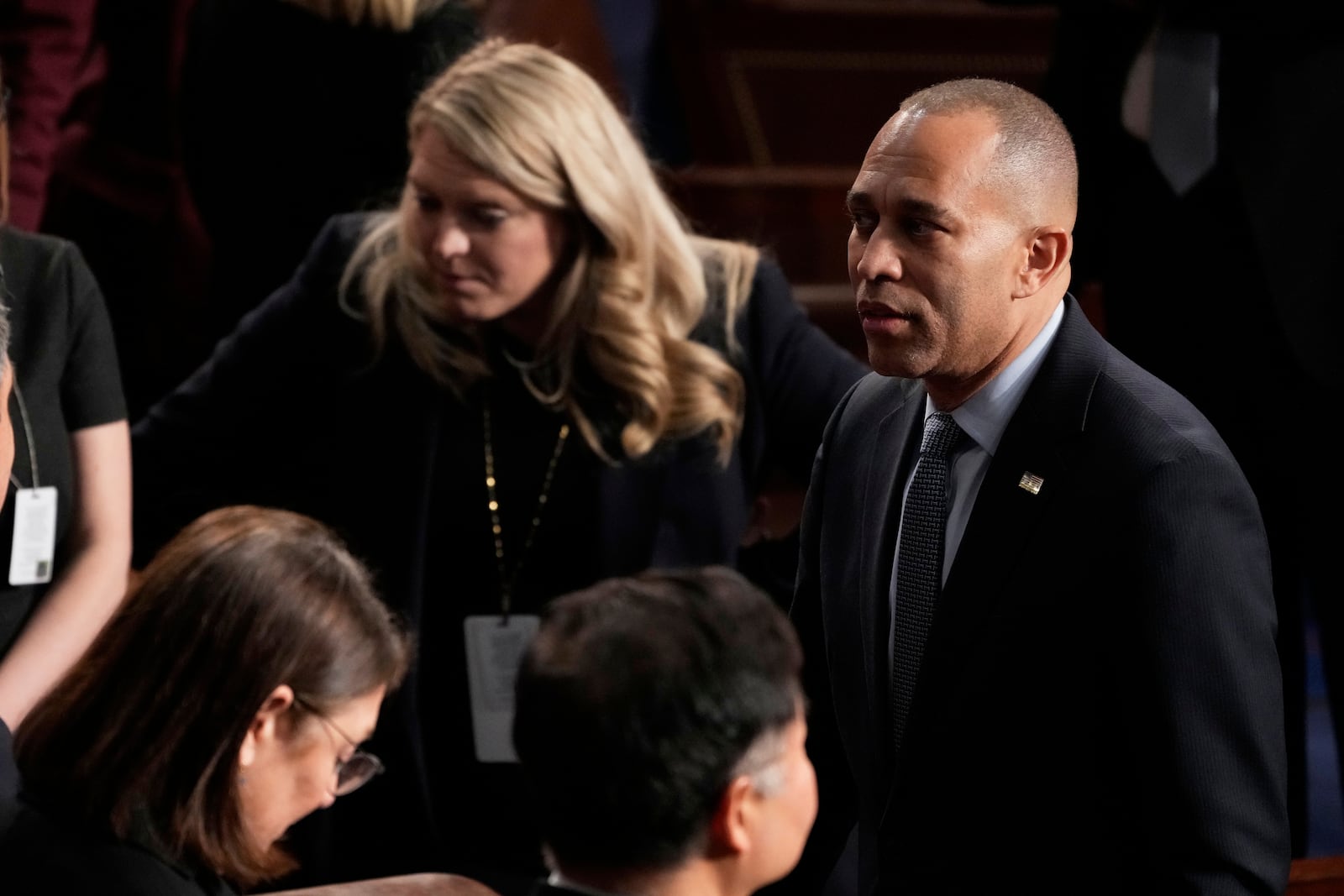 Rep. Hakeen Jeffries, D-N.Y., right, arrives before President Donald Trump addresses a joint session of Congress in the House chamber at the U.S. Capitol in Washington, Tuesday, March 4, 2025. (AP Photo/Julia Demaree Nikhinson)