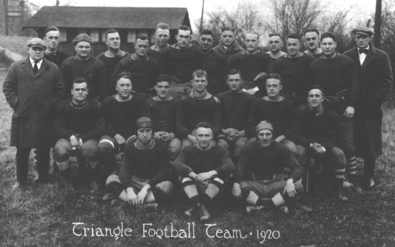 The 1920 Dayton Triangles: Carl Stork, Harry Cutler, Eddie Davis, Chuck Winston, Francis Bacon, Jack Early, Earl Stoecklein, Eddie Sauer, Yellow Houser, Fritz Slkackford, Clarence Dellinger, George Roiudebush, Dutch Thiele, Russ Hathaway, Coach Bud Talbott
Middle (L to R)
Chuck Helvey, Glen Tidd, Hobby Kinderdine, Al Mahrt, Lou Partlow, Dave Reese, Norb Sacksteder
Bottom (L to R)
Foose Clark, Lee Fenner, Dick Abrell