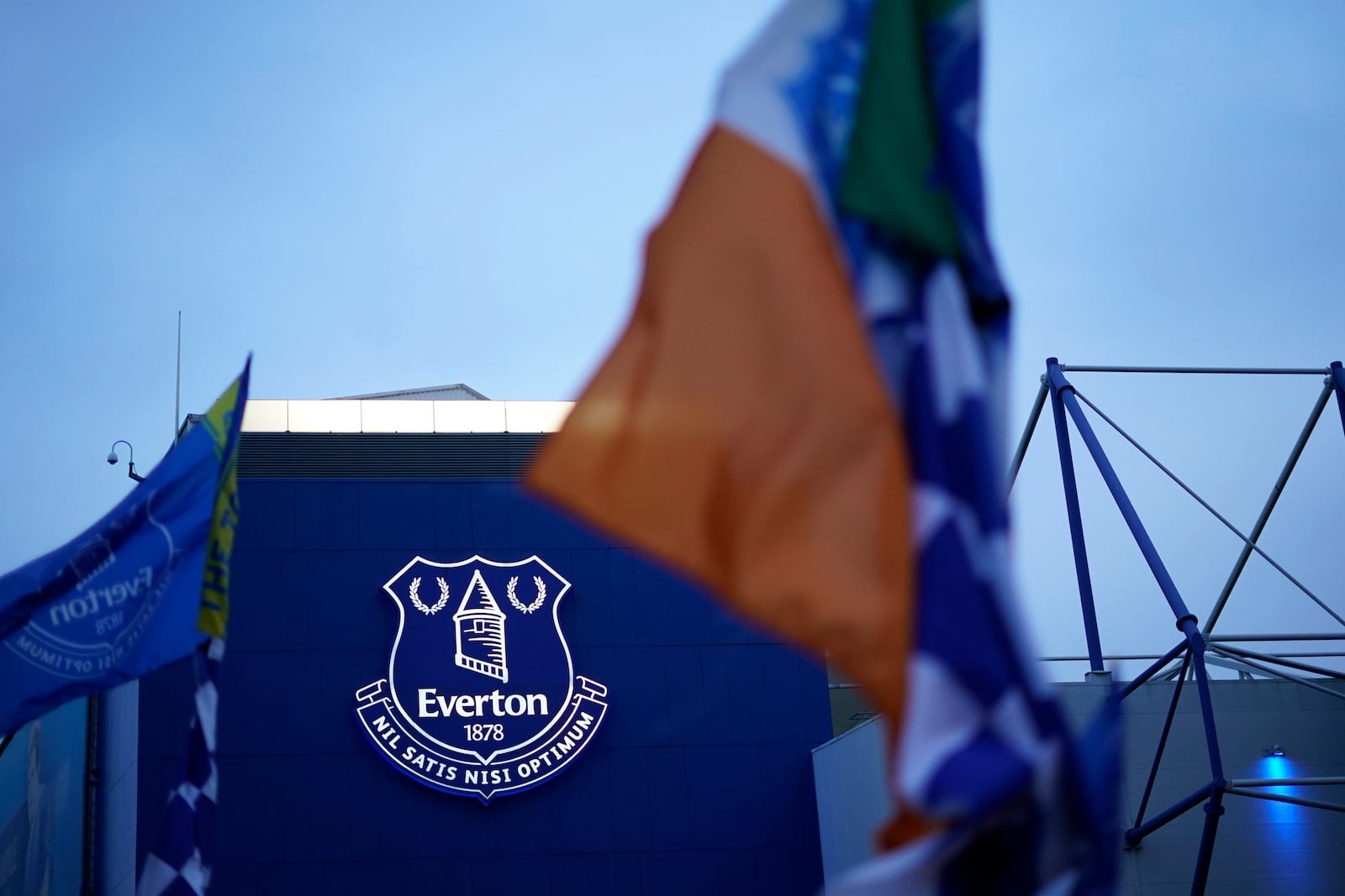 A logo of Everton's soccer team is seen outside of Goodison Park stadium ahead of the English Premier League soccer match between Everton and Liverpool in Liverpool, England, Wednesday, Feb.12, 2025. (AP Photo/Dave Thompson)