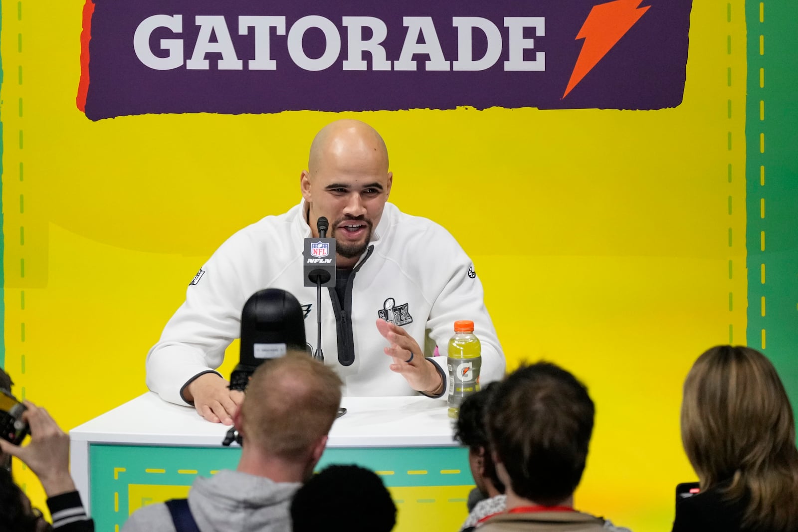 Philadelphia Eagles' Zack Baun participates during Super Bowl 59 Opening Night, Monday, Feb. 3, 2025, in New Orleans, ahead of the NFL football game between the Philadelphia Eagles and the Kansas City Chiefs Sunday. (AP Photo/Godofredo A. Vásquez)