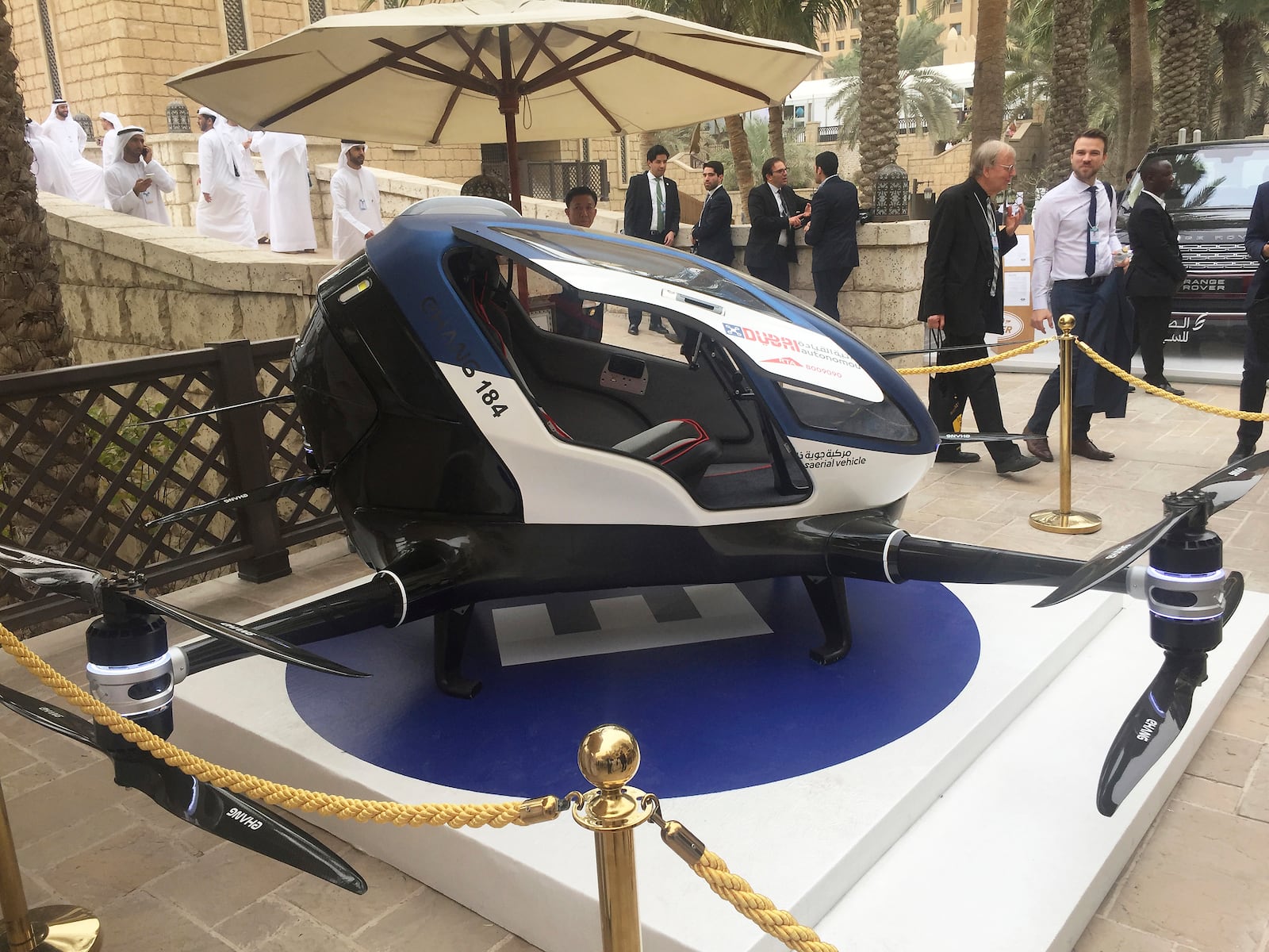 A model of EHang 184, a drone taxi displayed during the World Government Summit in Dubai, United Arab Emirates in February 2017. Passengers drones are flying in Dubai and the concept will be tested at the Springfield-Beckley Municipal Airport this year.