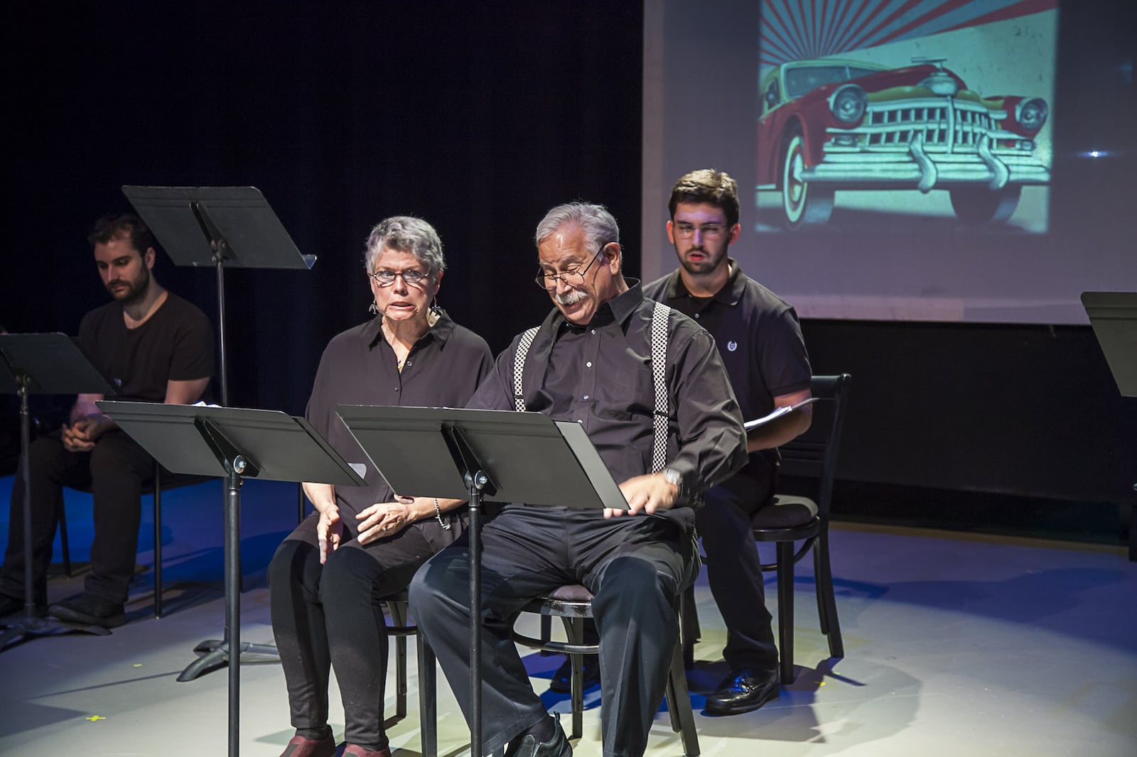 The winner of the 2018 FutureFest at the Dayton Playhouse is “Of Men and Cars” by Los Angeles playwright Jim Geoghan. The comedy, presented in reader’s theater format, featured University of Cincinnati student Spencer Berta as Jim (pictured in the back seat) Saul Caplan as Dad, Pam McGinnis as Mom. The show was directed by Dawn Roth Smith and was also voted Audience Favorite. CONTRIBUTED/ART FABIAN