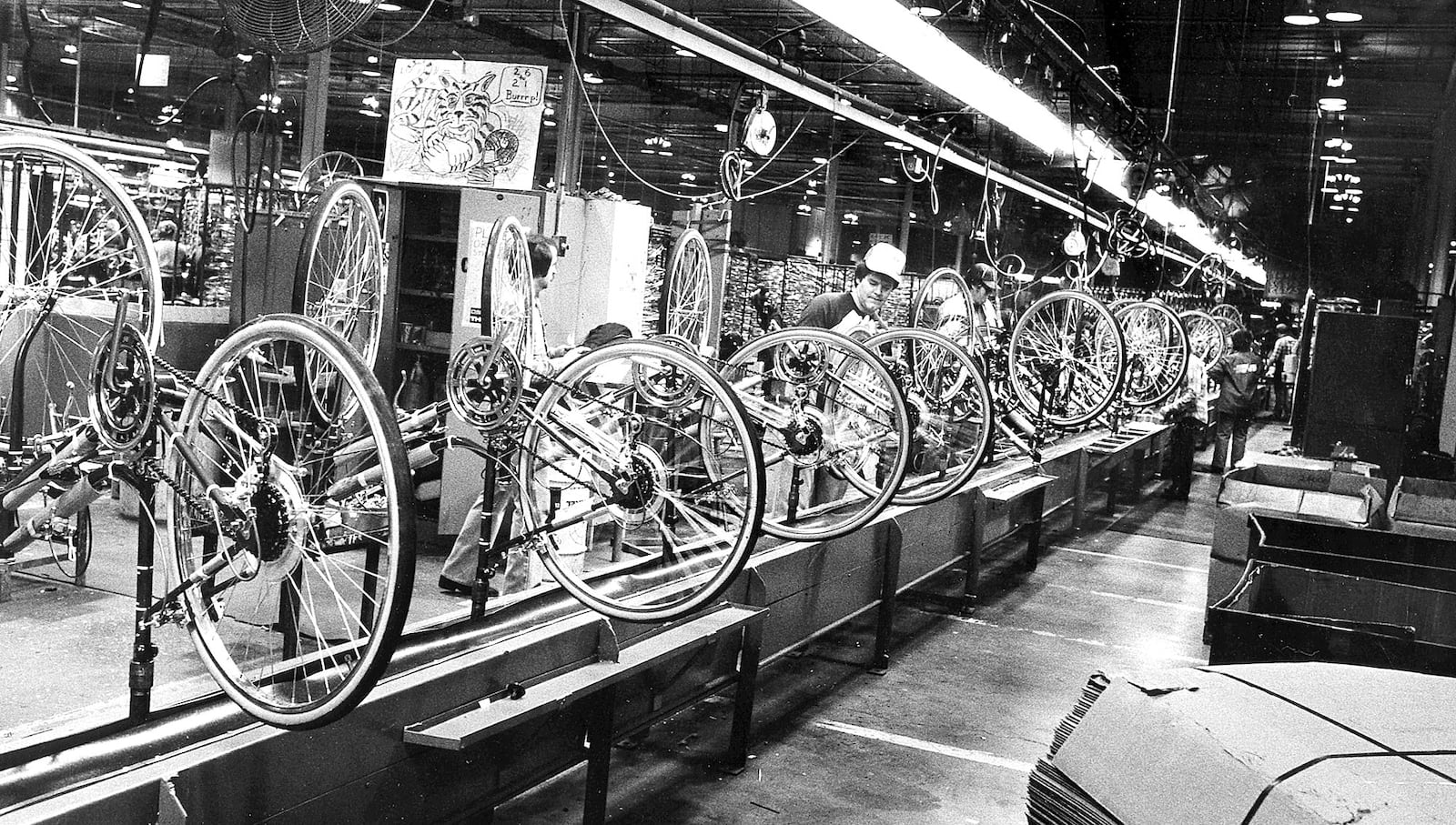 Almost finished bikes on the assembly line at what was Huffy’s Celina, Ohio plant in 1986. FILE