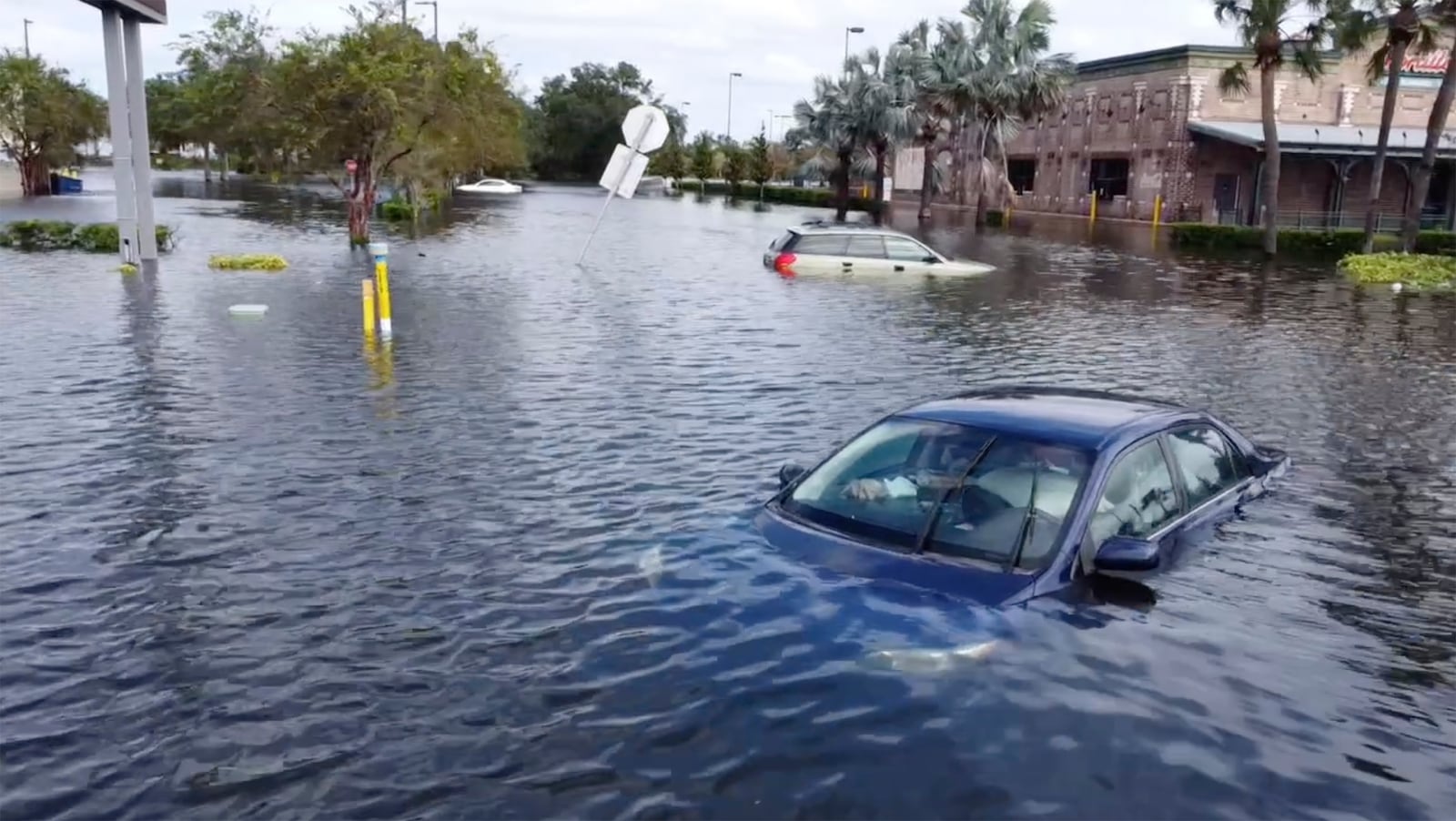 This drone image provided by Kairat Kassymbekov shows flooding from Hurricane Milton in Tampa, Fla., Thursday, Oct. 10, 2024. (Kairat Kassymbekov via AP)