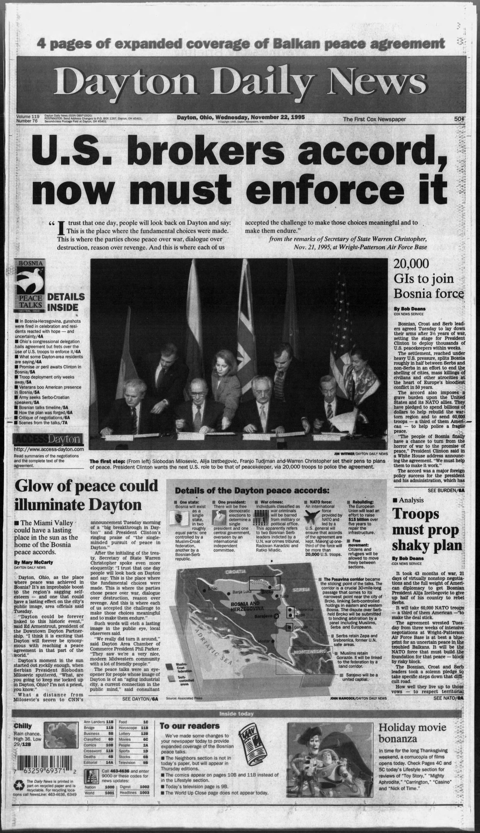 November 22 ,1995:  The front page of the Dayton Daily News coverage the Bosnian Peace Accords at Wright-Patterson Air Force Base.