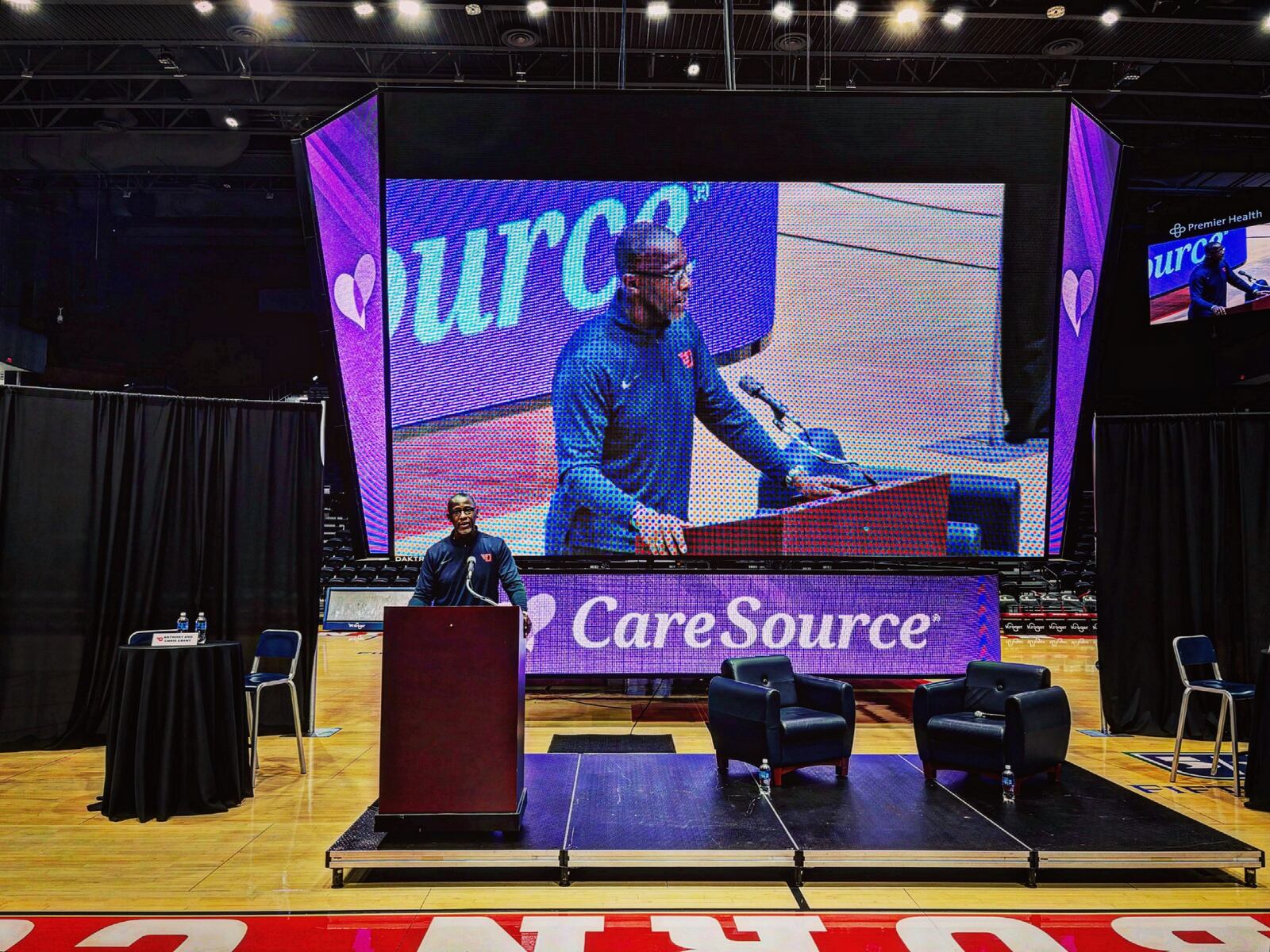 Dayton men's basketball coach Anthony Grant speaks at The Spotlight Town Hall, a mental health event, on Wednesday, Oct. 9, 2024, at UD Arena in Dayton. David Jablonski/Staff