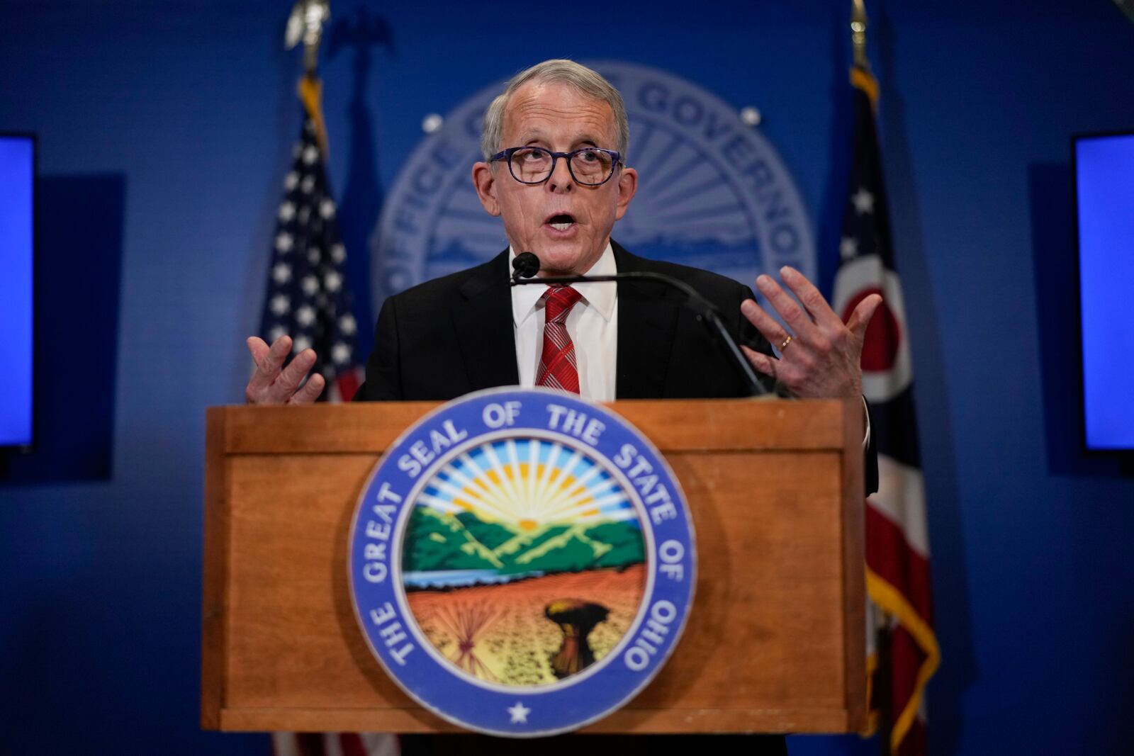 Ohio Gov. Mike DeWine speaks during a news conference, Friday, Dec. 29, 2023, in Columbus, Ohio. DeWine vetoed a measure Friday that would have banned gender-affirming care for minors and transgender athletes’ participation in girls and women’s sports, in a break from members of his party who championed the legislation. (AP Photo/Carolyn Kaster)