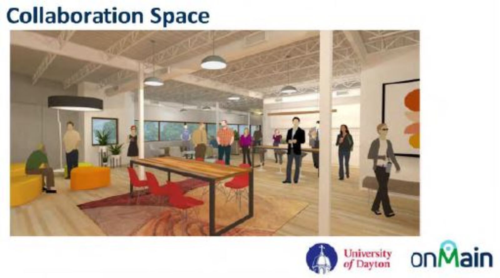 A rendering of a proposed collaboration space in a Digital Transformation Center "seedling space" in Dayton. This rendering was shared during a recent Digital Transformation Summit in Dayton. CONTRIBUTED