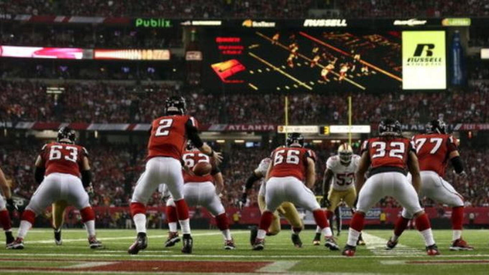 Quarterback Matt Ryan #2 of the Atlanta Falcons receives the ball on the Atlanta one-yardline in the fourth quarter against the San Francisco 49ers in the NFC Championship game at the Georgia Dome on January 20, 2013 in Atlanta, Georgia. (Photo credit: 2013 Getty Images)