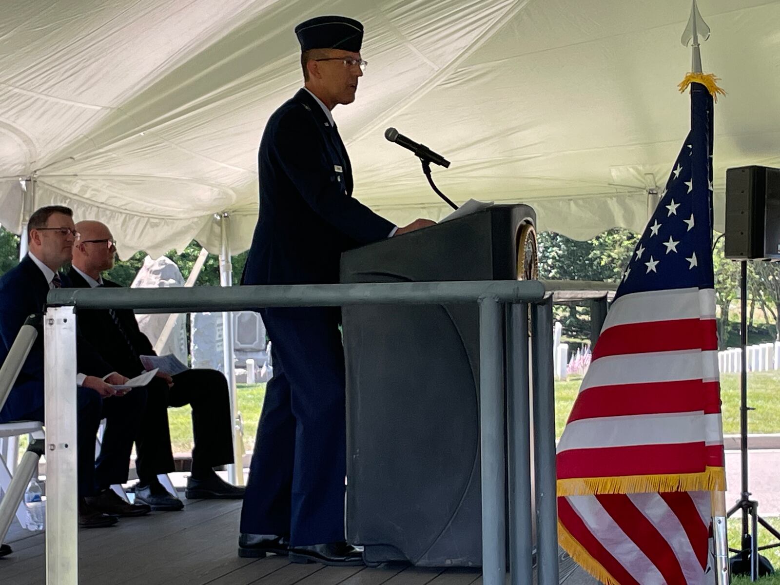 Col. Scott Sonnek, medical research director at Wright-Patterson Air Force Base, was the keynote speaker during Memorial Day ceremonies Monday at the Dayton National Cemetery. NICK BLIZZARD/STAFF