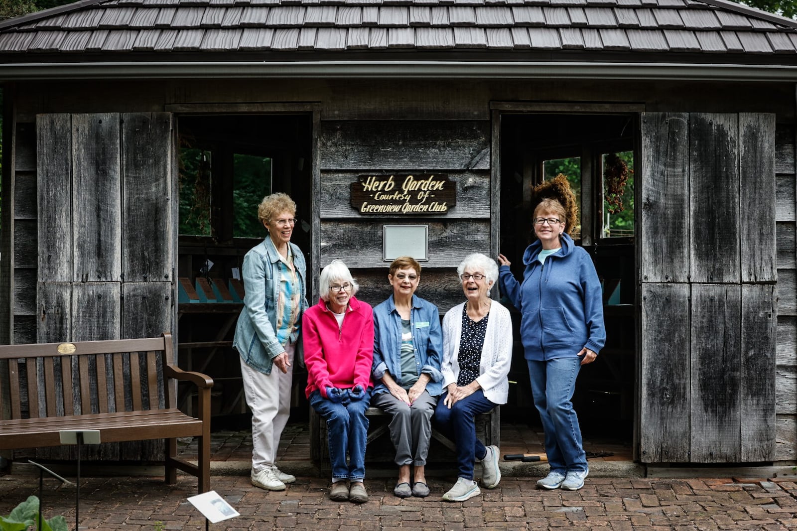 Greenview Garden Club members, from left Jane Peterson, Barbara Zeier, Kathie Menker, Nancy Duncan and Ginnie Boord have been taking care of the herb garden at Aullwood Farm. JIM NOELKER/STAFF