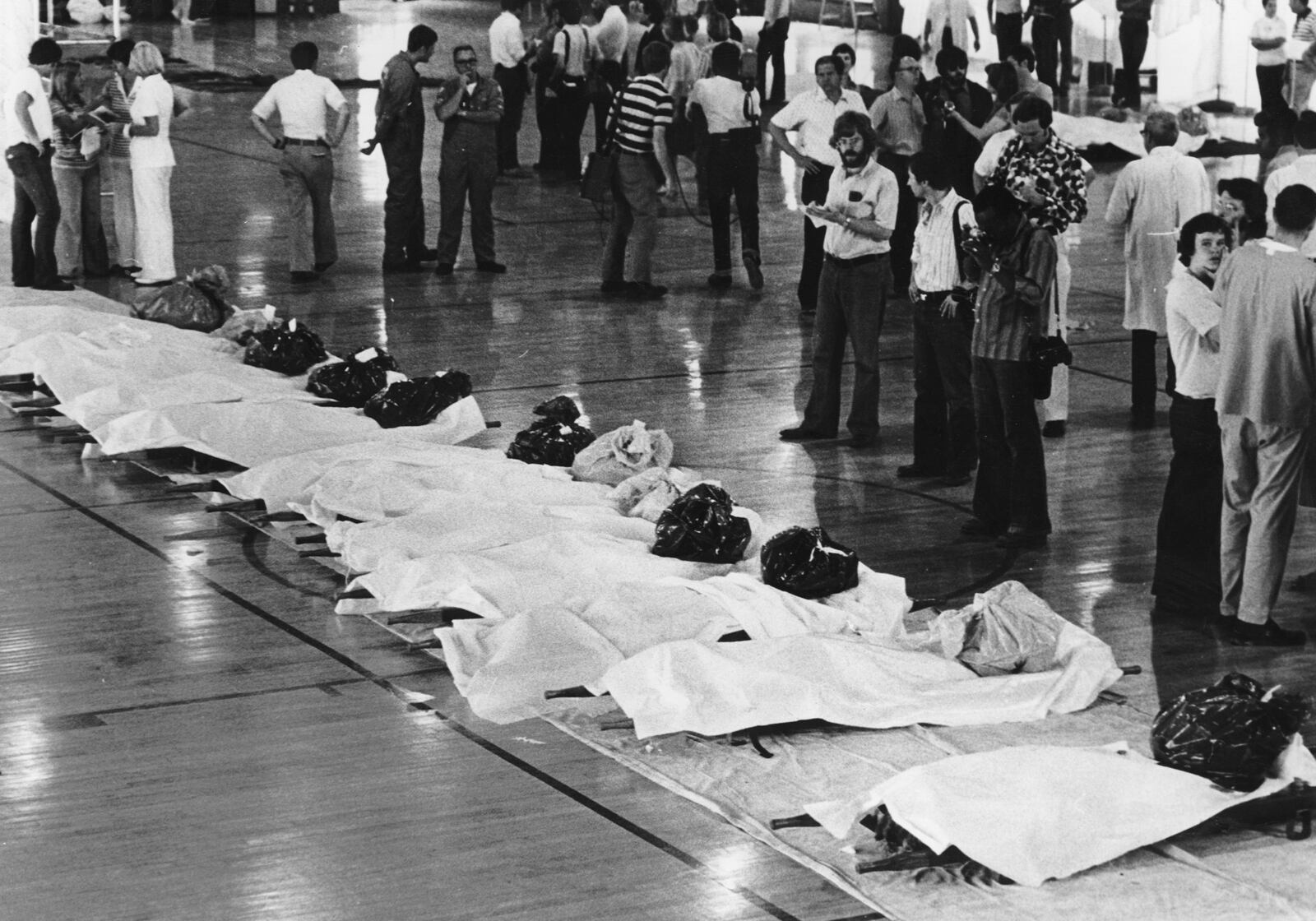 A makeshift morgue is set up for the victims of the Beverly Hills Supper Club fire.