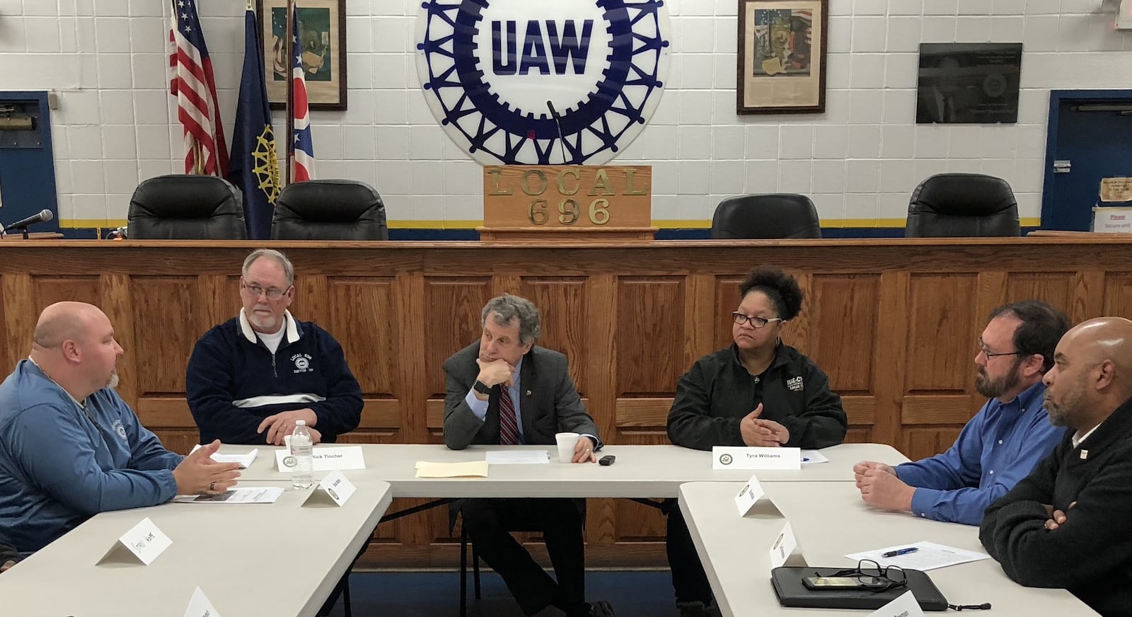 U.S. Sen. Sherrod Brown, D-Ohio, held a roundtable discussion on NAFTA in Dayton at the United Autoworkers Local 696 union hall on Friday, February 2, 2018. From left are Brian Martin, UAW Local 696 president; Rick Tincher, president of UAW CAP; U.S. Sen. Sherrod Brown, D-Ohio; Tyra Williams, a former Delphi employee; Rick McKiddy, a retired UAW worker; and Carl Kennebrew, an IUE-CWA representative