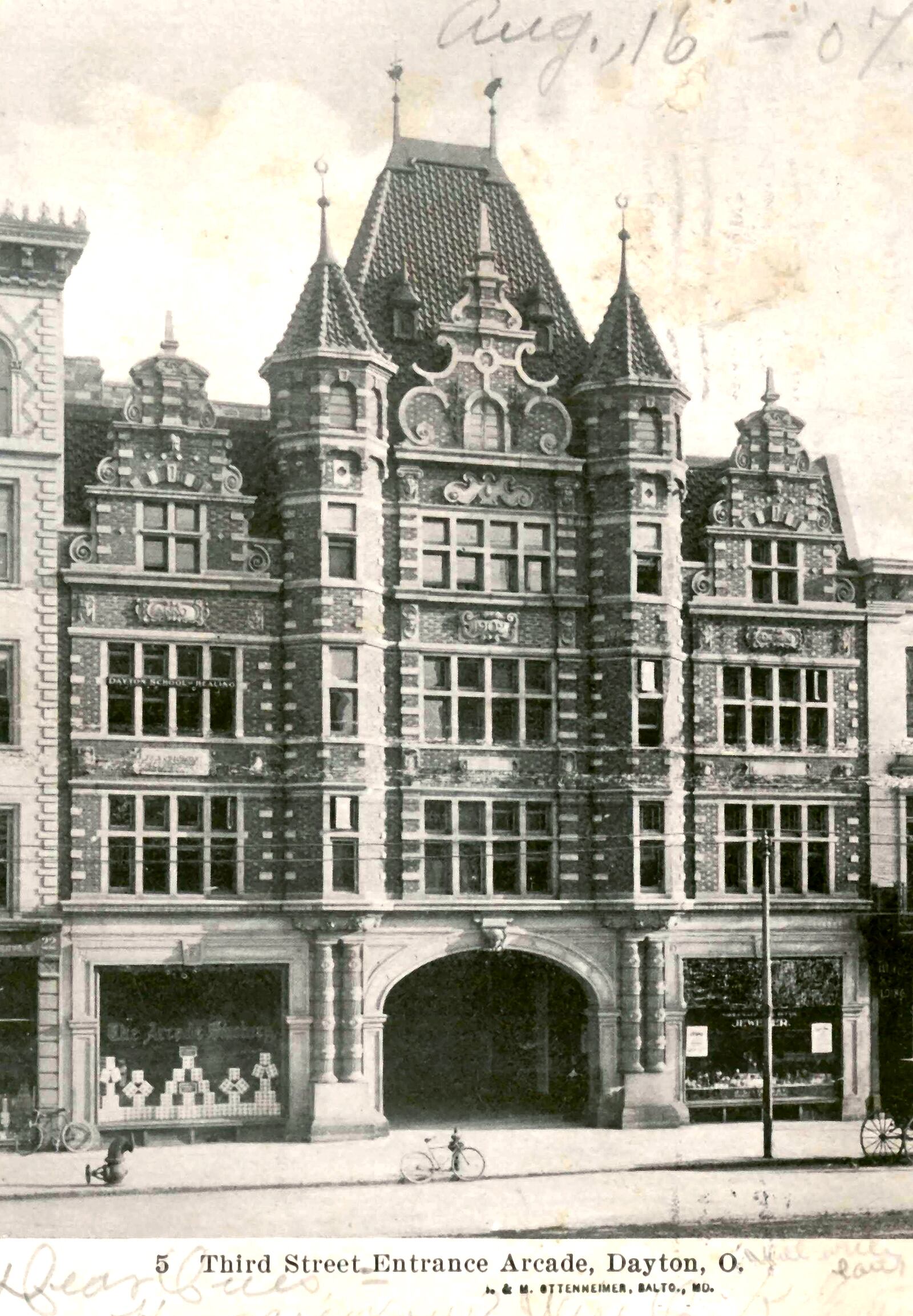 This picture postcard postmarked in 1907 shows the main entrance of the Dayton Arcade. The Flemish style facade faces Third Street. DAYTON METRO LIBRARY