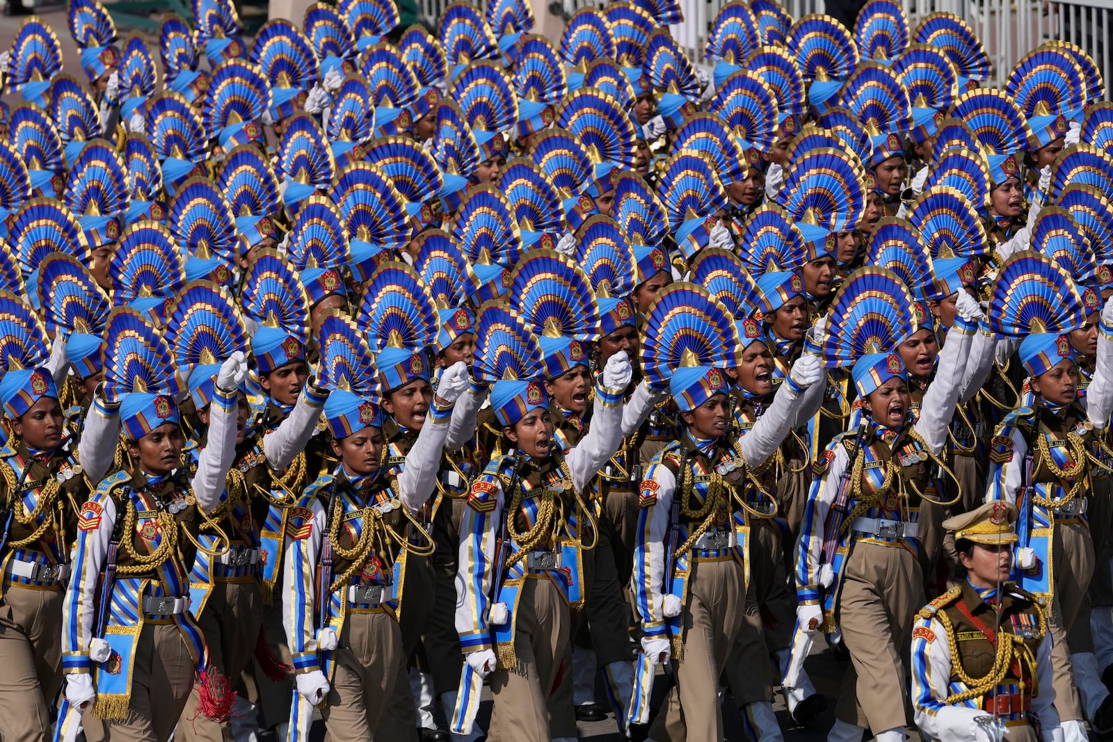 Indian paramilitary force soldiers march through the ceremonial Kartavya Path boulevard during India's Republic Day parade celebrations in New Delhi, India, Sunday, Jan. 26, 2025. (AP Photo/Channi Anand)