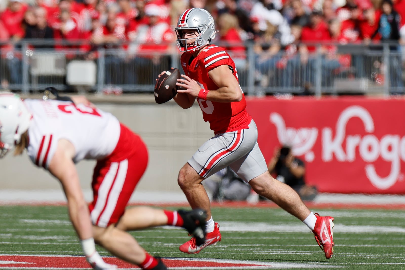 Ohio State quarterback Will Howard looks for an open receiver against Nebraska during the first half of an NCAA college football game Saturday, Oct. 26, 2024, in Columbus, Ohio. (AP Photo/Jay LaPrete)