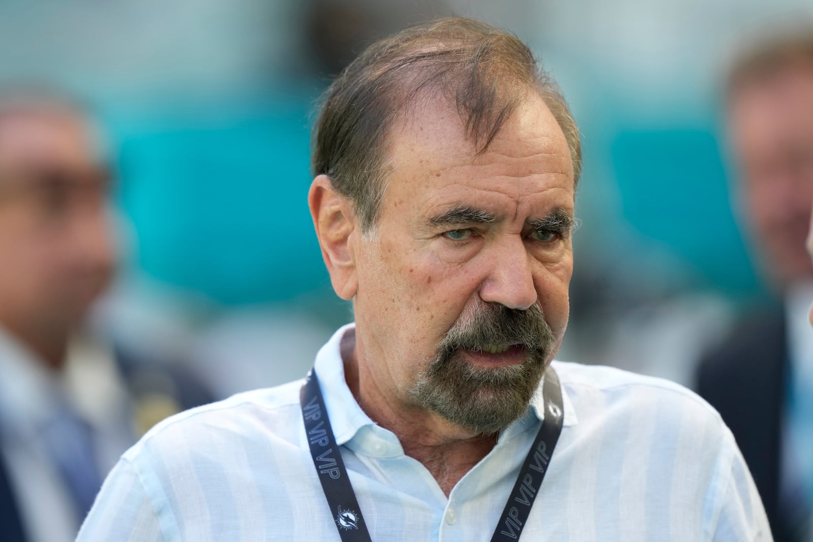 FILE - Jorge M. Perez, Chairman and Chief Executive Officer of Related Group, walks the sidelines before the start of an NFL football game between the Miami Dolphins and the Carolina Panthers, Oct. 15, 2023, in Miami Gardens, Fla. (AP Photo/Wilfredo Lee, File)