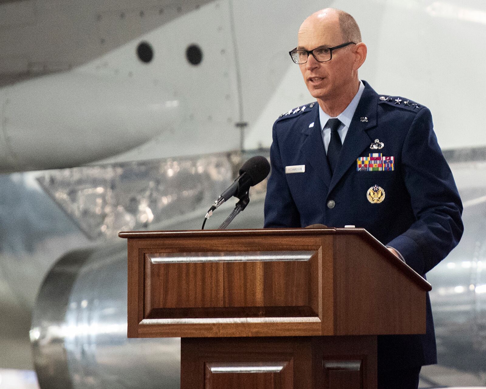 Gen. Duke K. Richardson, Air Force Materiel Command commander, speaks to his new command during a change of command ceremony June 13 in the National Museum of the U.S. Air Force. U.S. AIR FORCE PHOTO/R.J. ORIEZ