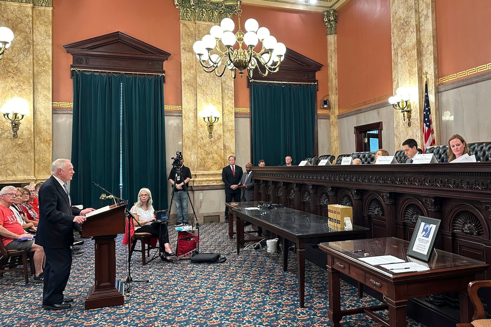 Citizens Not Politicians attorney Don McTigue addresses members of the Ohio Ballot Board at the Ohio Statehouse in Columbus, Ohio, on Friday, Aug. 16, 2024. (AP Photo/Julie Carr Smyth)