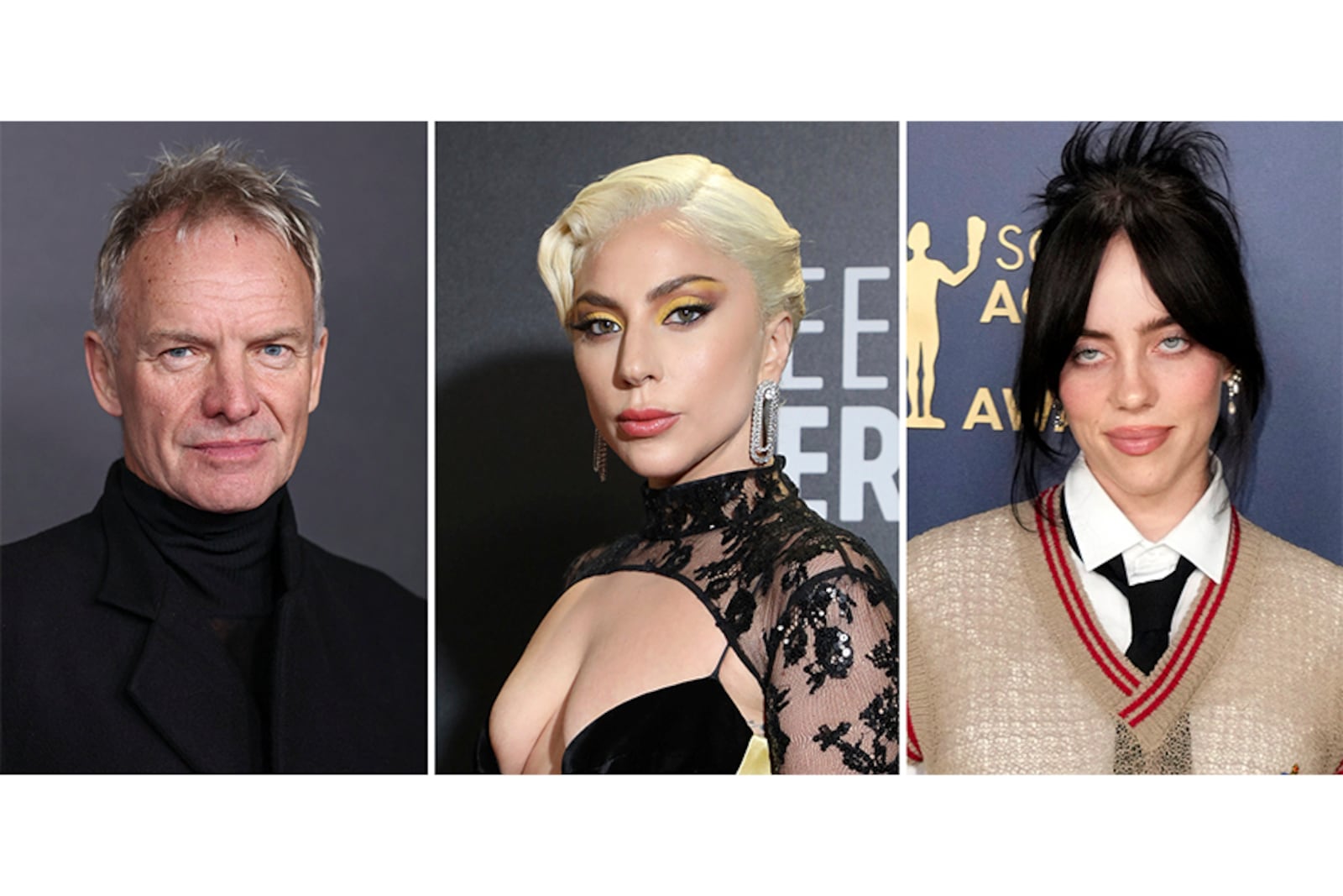 This combination of photos shows Sting, from left posing for photographers upon arrival for the premiere of the film 'Emancipation' in London, Friday, Dec. 2, 2022, Lady Gaga attending the Critics Choice Awards celebration at The Savoy Hotel on Sunday, March 13, 2022, in London, and Billie Eilish arriving at the 30th annual Screen Actors Guild Awards on Saturday, Feb. 24, 2024 in Los Angeles. (Photos by Vianney Le Caer/Jordan Strauss/Invision/AP)