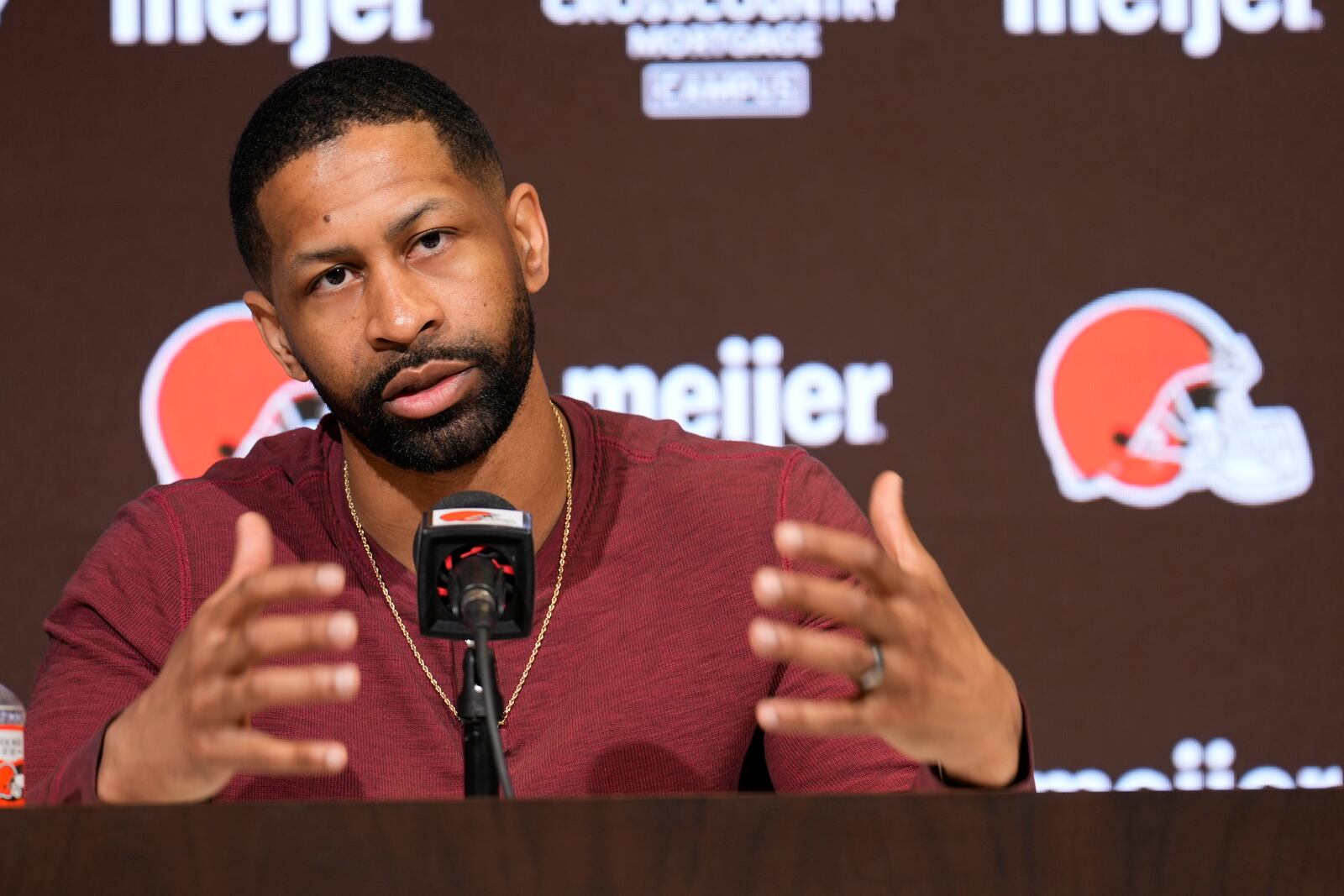 Cleveland Browns General Manager Andrew Berry speaks during an NFL football news conference in Berea, Ohio, Monday, Jan. 6, 2025. (AP Photo/Sue Ogrocki)