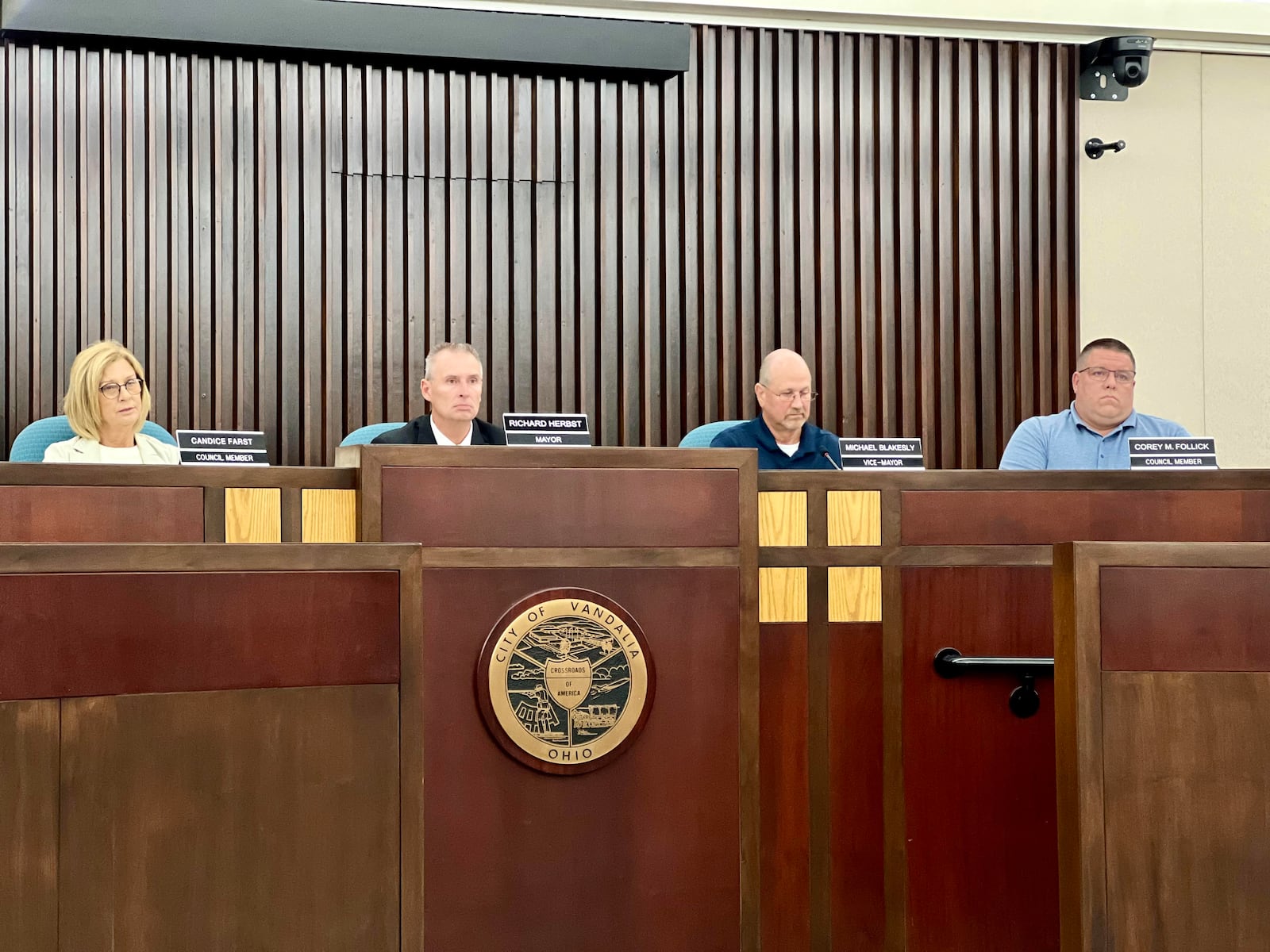 Members of Vandalia City Council listen as residents address the dais during Wednesday's special meeting. AIMEE HANCOCK/STAFF