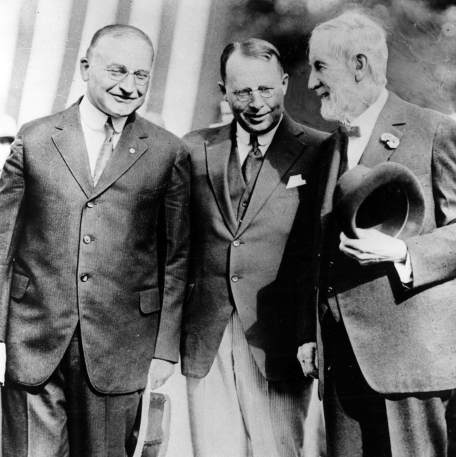 Three Dayton citizens who played important parts in the development of the Miami Consevancy district's floor prevention plan. (left-right) Col. E. A. Deeds, chairman of the board of the National Cash Register Co., Gov. Cox, who saw to it that the consevancy law was pushed through the Ohio General Assembly soon after the 1913 Dayton flood, and John A. McMahon, one of Dayton's most noted lawyers and the author of the law which now governers the Miami Consevancy district.