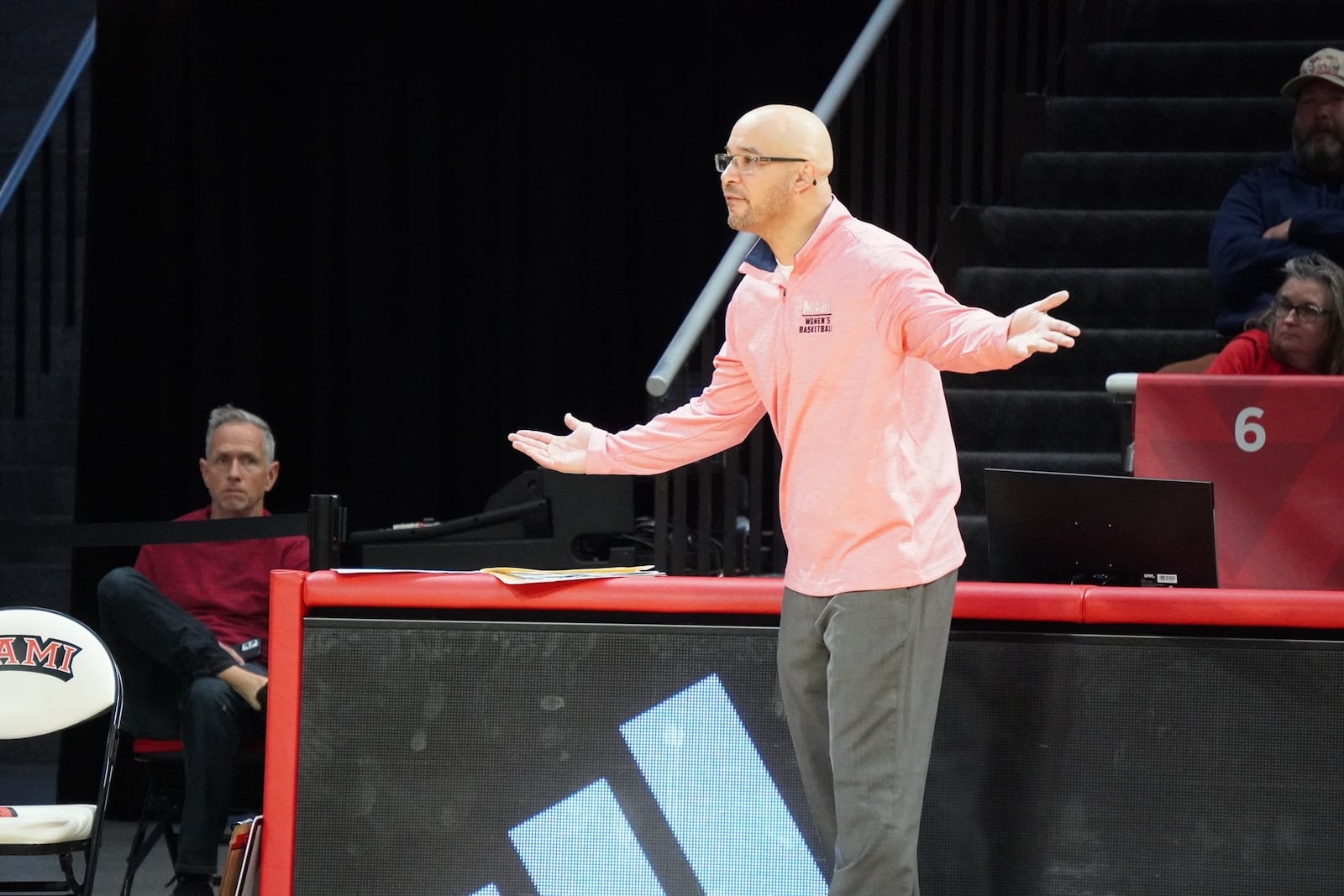 Miami University women's basketball coach Glenn Box during Sunday's WNIT game vs. Duquesne at Millett Hall. Chris Vogt/CONTRIBUTED